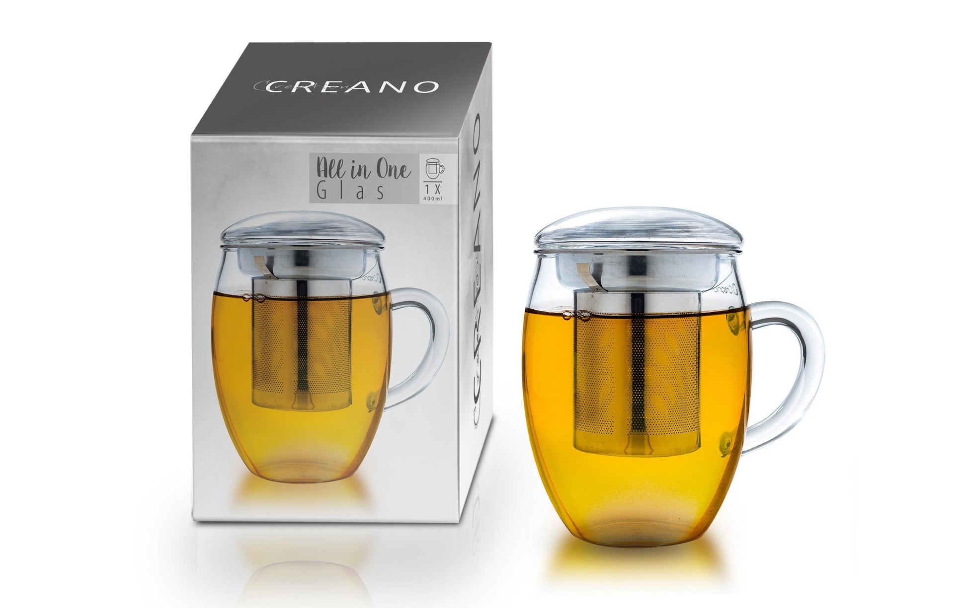 Creano Teeglas – 400 ml, Borosilikatglas, Transparent, mit Edelstahl-Deckel, spülmaschinenfest