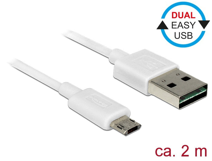DeLOCK USB-Kabel – USB-A auf Micro-USB-B – USB 2.0 (480 Mbit/s) – 2 m – beidseitig einsteckbar – Weiss