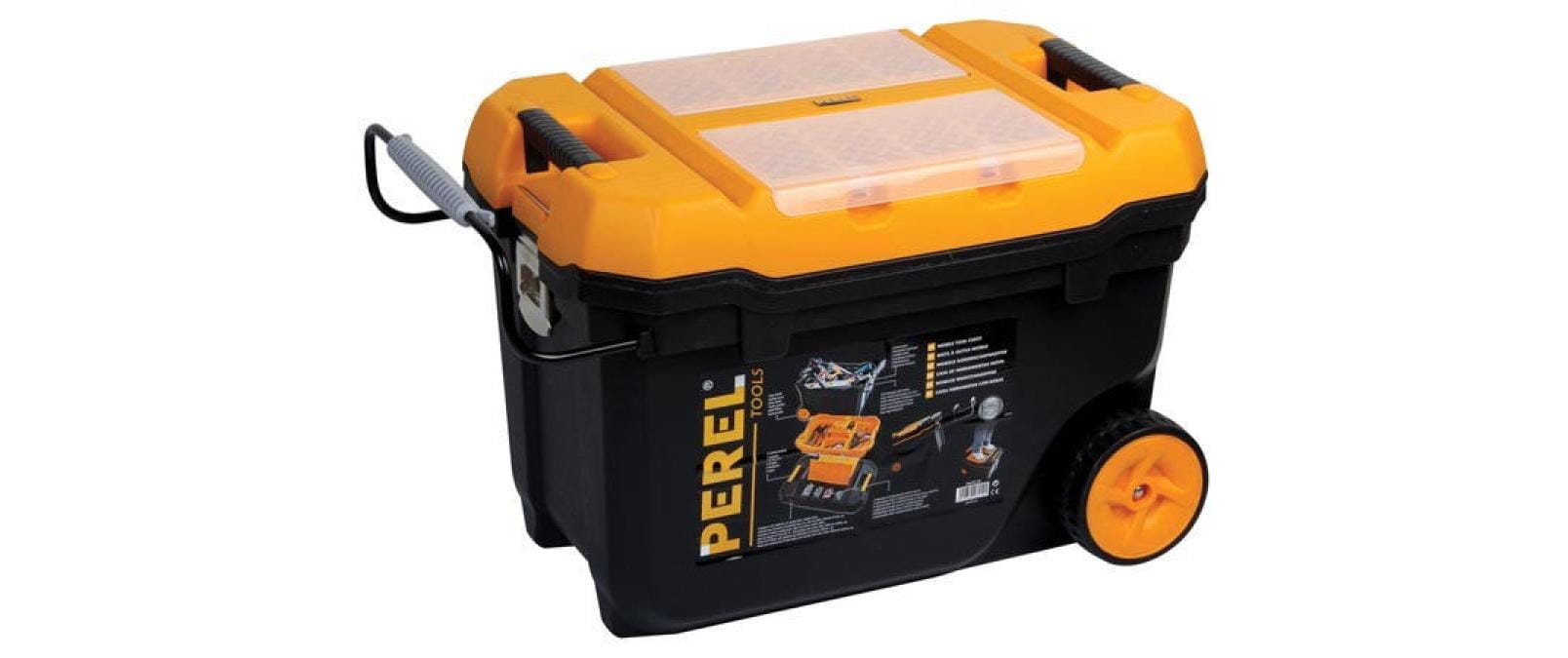 Perel OMTC28 Werkzeugbox – leer, mit Trolley, 2 Rollen, abschliessbar, schwarz/gelb, B 670 × H 400 × T 420 mm