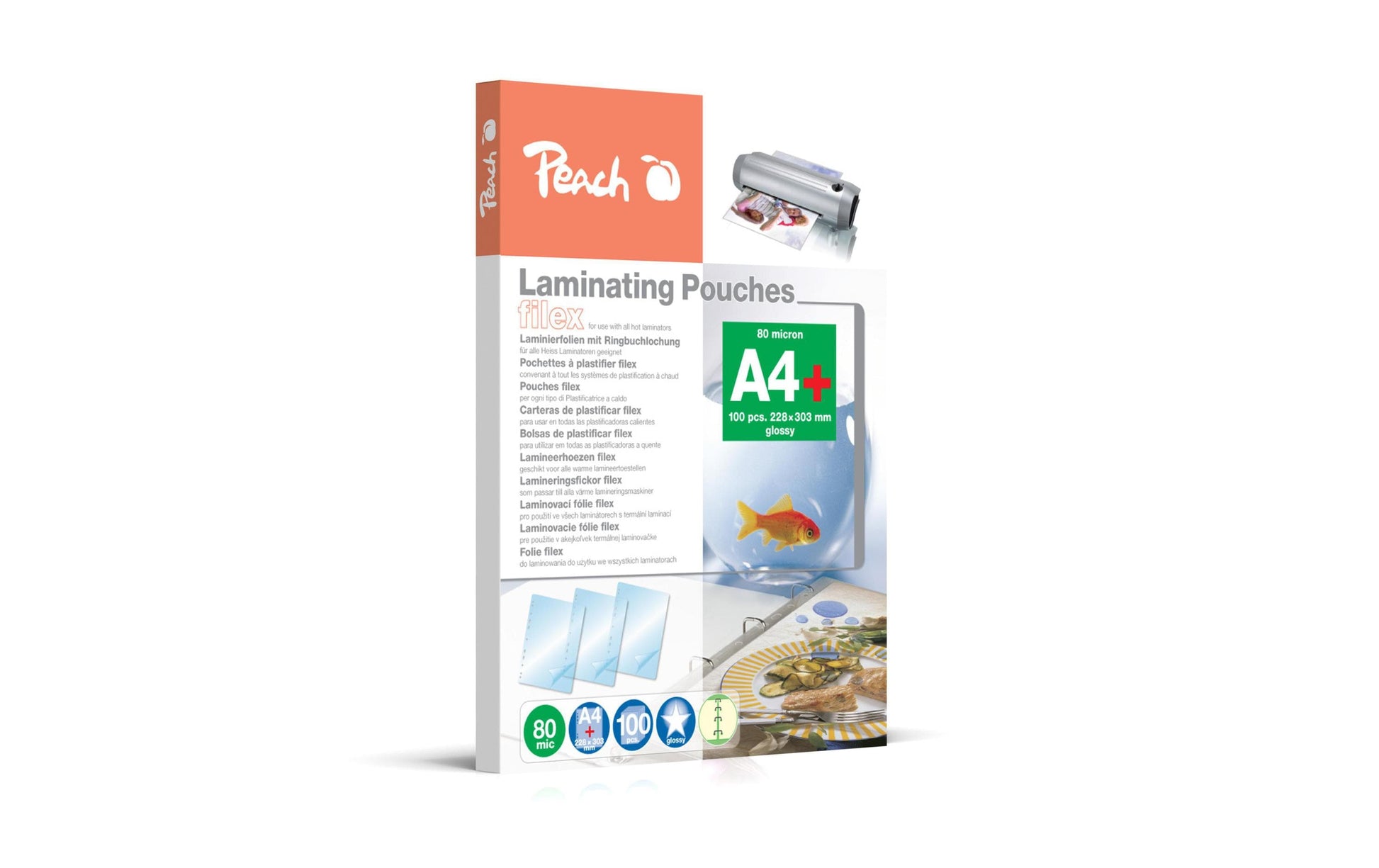 Peach Filex Laminierfolien A4 – 80 µm, Abheftlochung - 100 Stück
