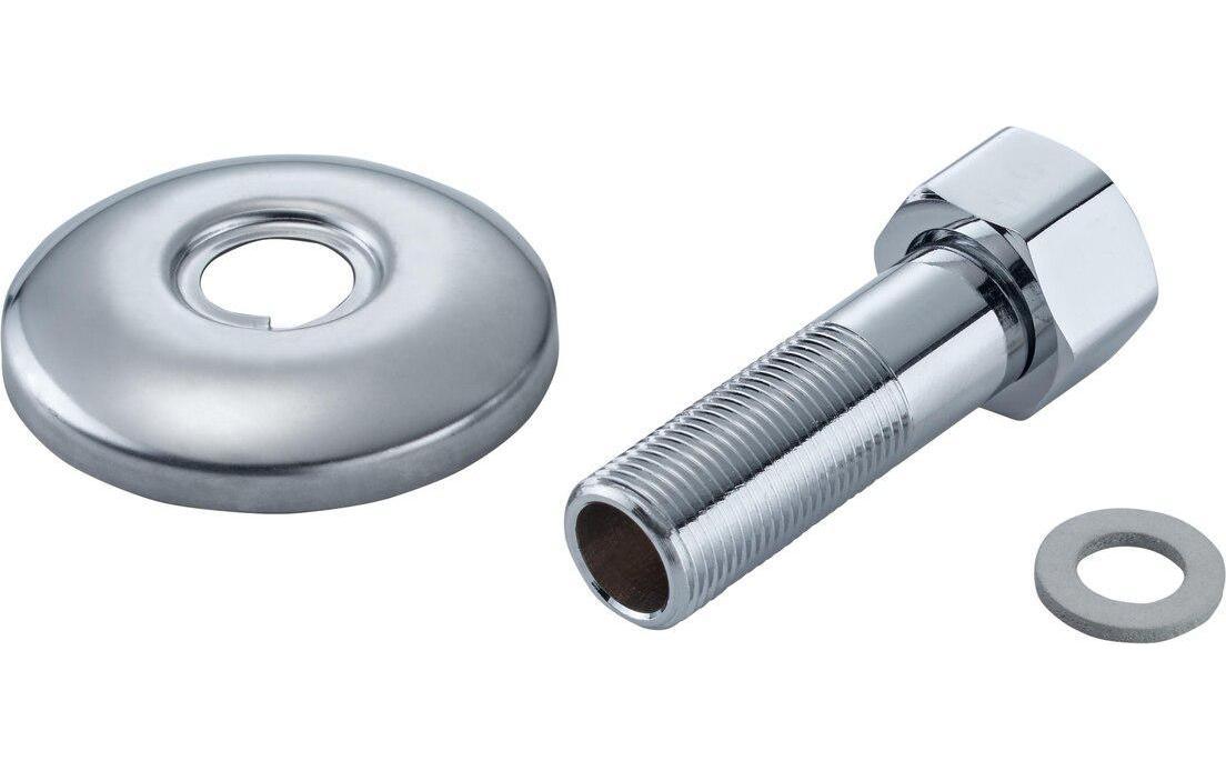 Mateu Verschraubung gerade – Anschluss 1/2", Ø 60 × 60 mm, verchromtes Messing, mit Wandrosette und Dichtung