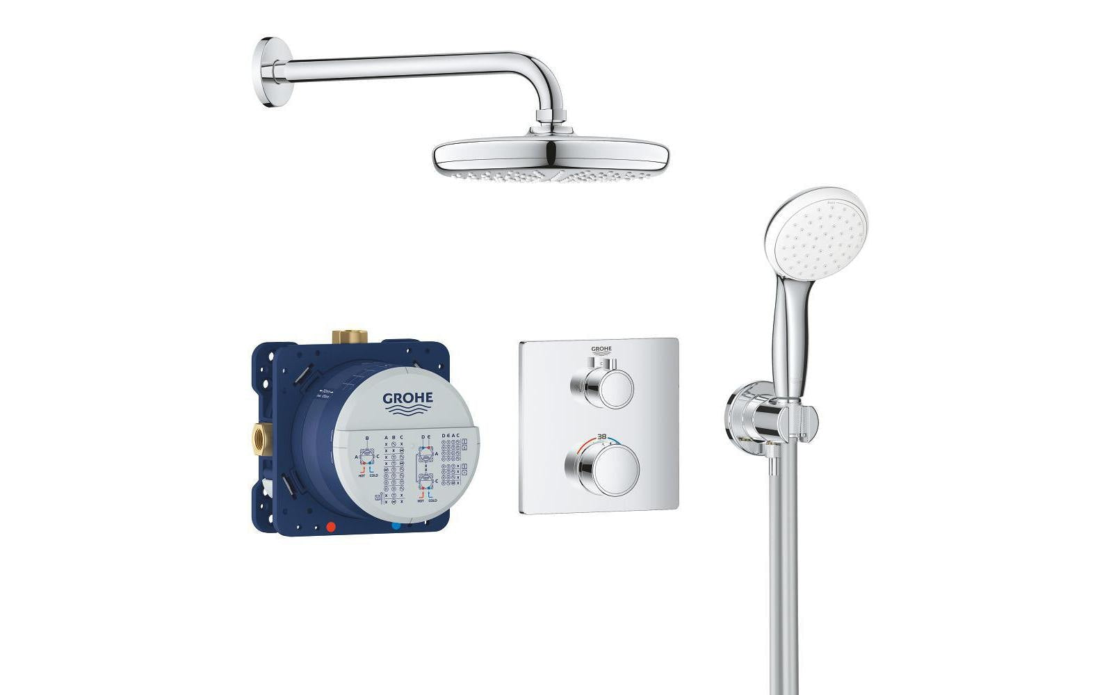 GROHE Grotherm Badebatterie (Unterputz) – Messing, Zweigriffarmatur, Wandmontiert, Chrom