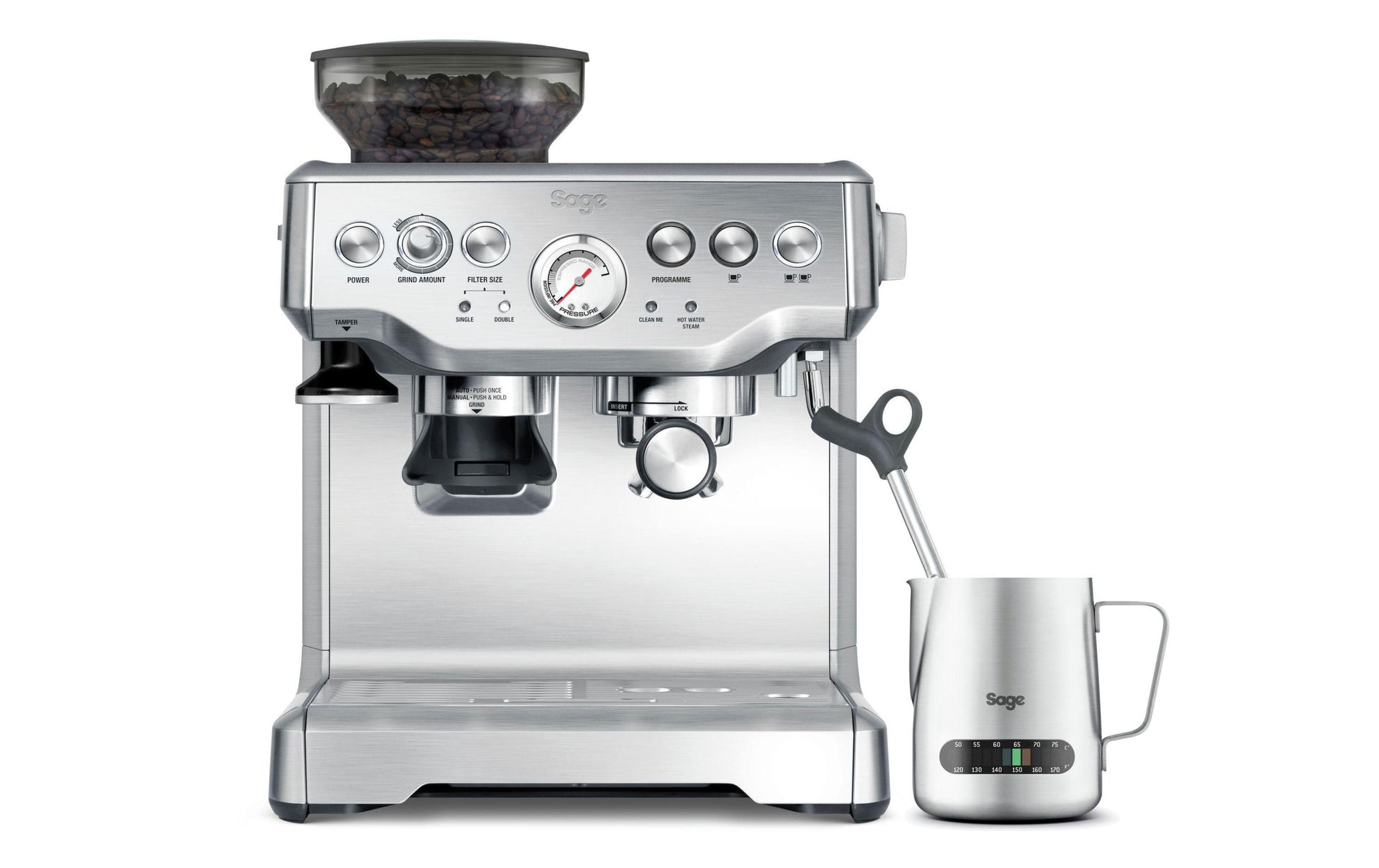 Sage Barista Express Espressomaschine (Siebträger) – 15 bar, 2 l, Milchaufschäumer, Silber
