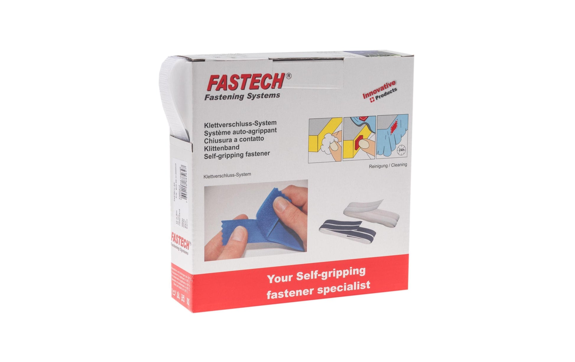 Fastech Klettband Haken – 25 mm × 10 m, weiss, selbstklebend, Innen