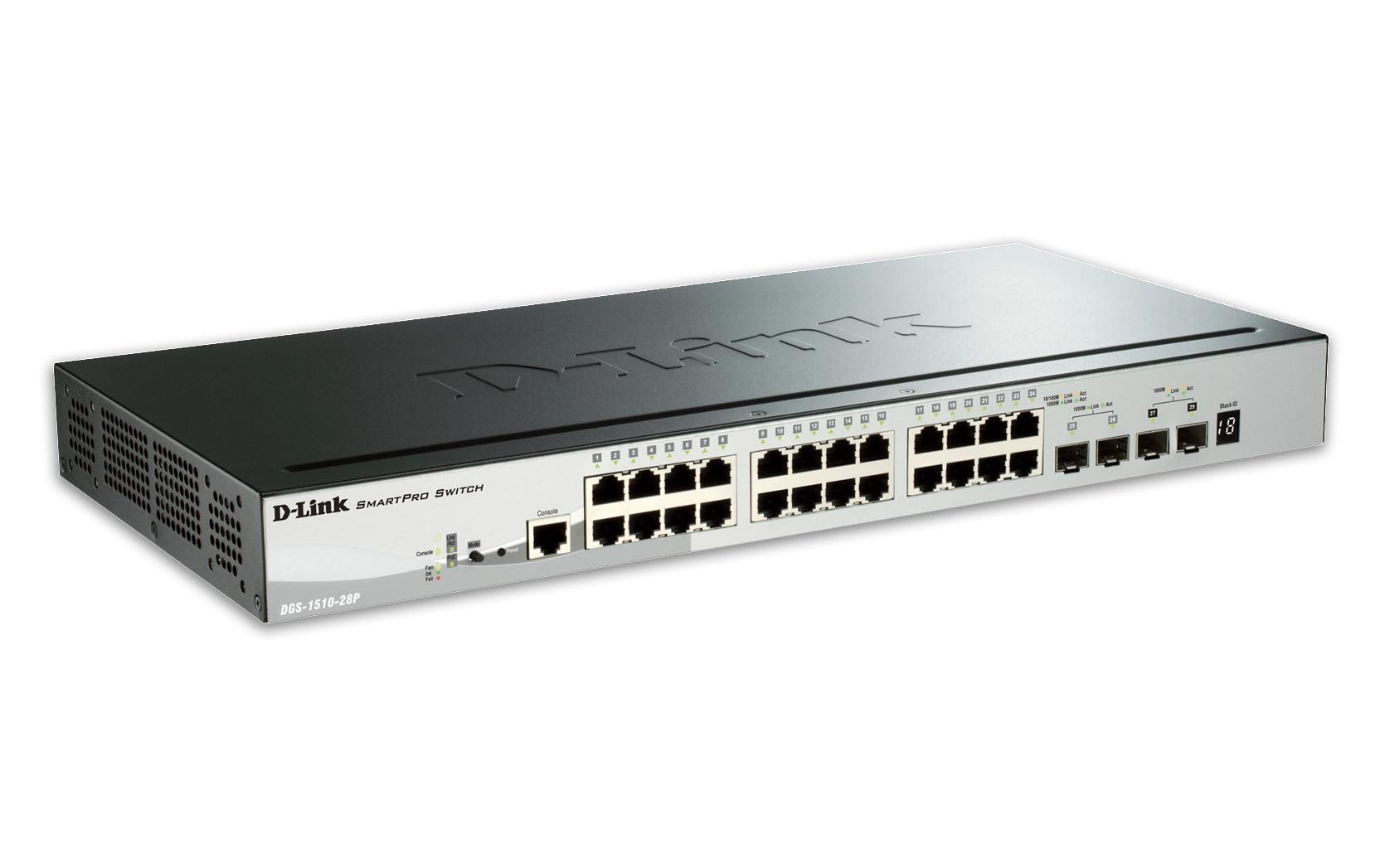 D-Link DGS-1510-28P/E – Managed Switch – 24×GbE, 2×SFP, 2×SFP+, L3, PoE 193 W, 19" Rack