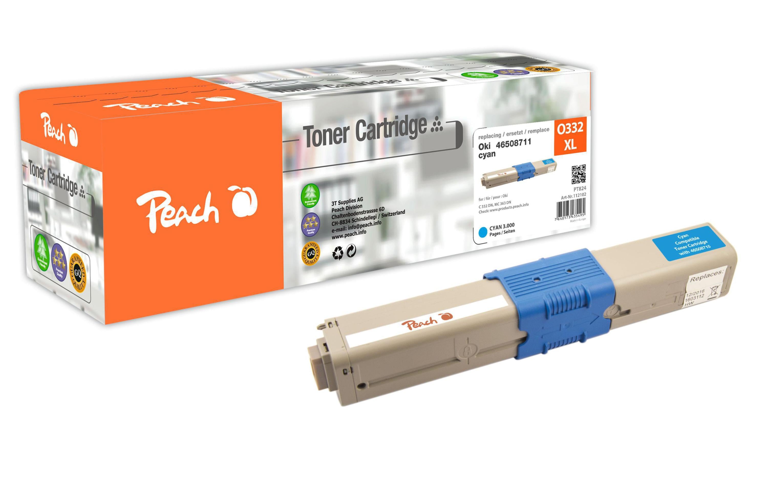 Peach Toner 46508711 – cyan, 3000 Seiten – für OKI C 332 DN, C 332 DNw, MC 363 DN und andere