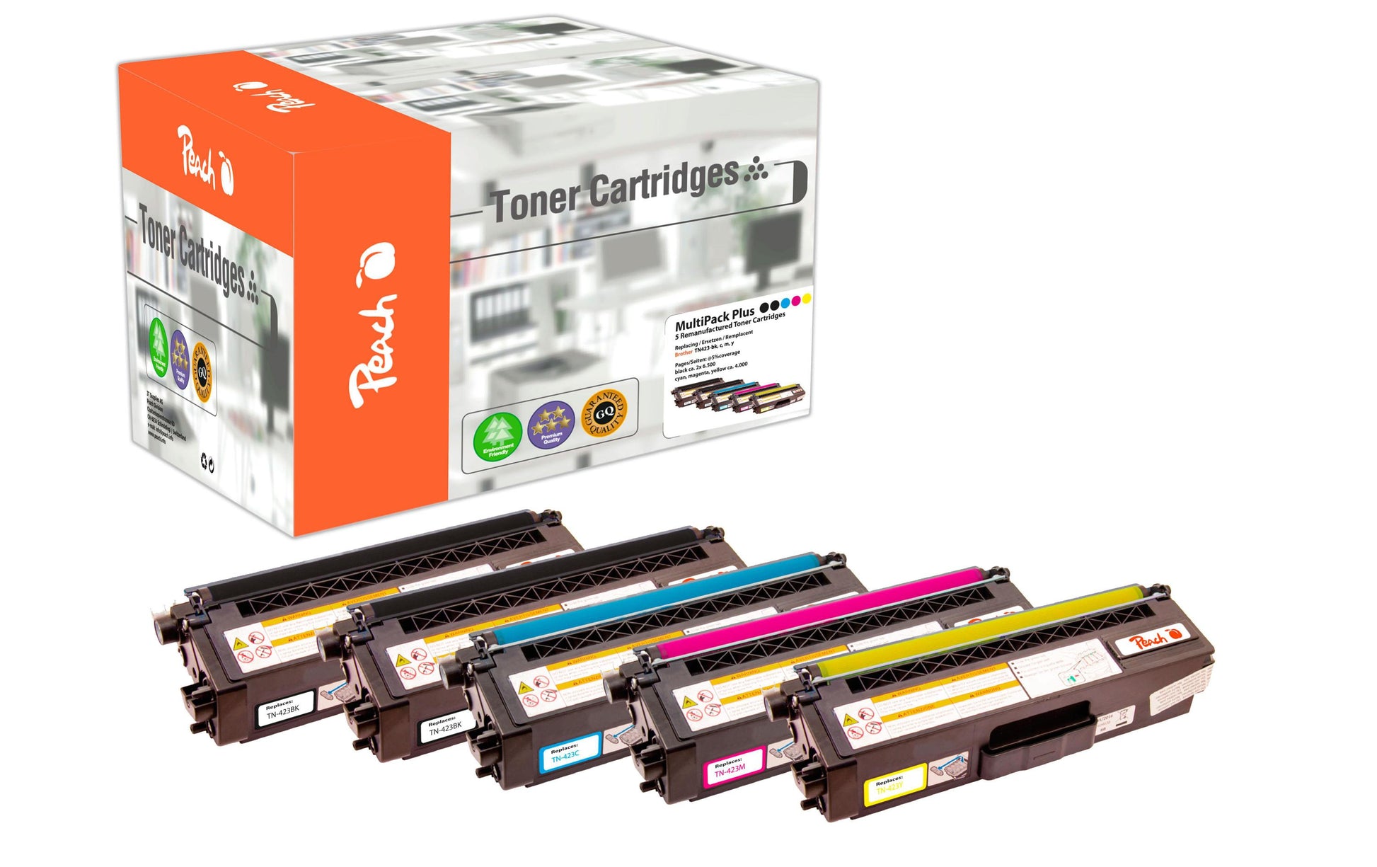 Peach Toner-Multipack TN-423 – BK/C/M/Y, schwarz 6500, C/M/Y 4000 Seiten – für Brother DCPL8410CDN und andere