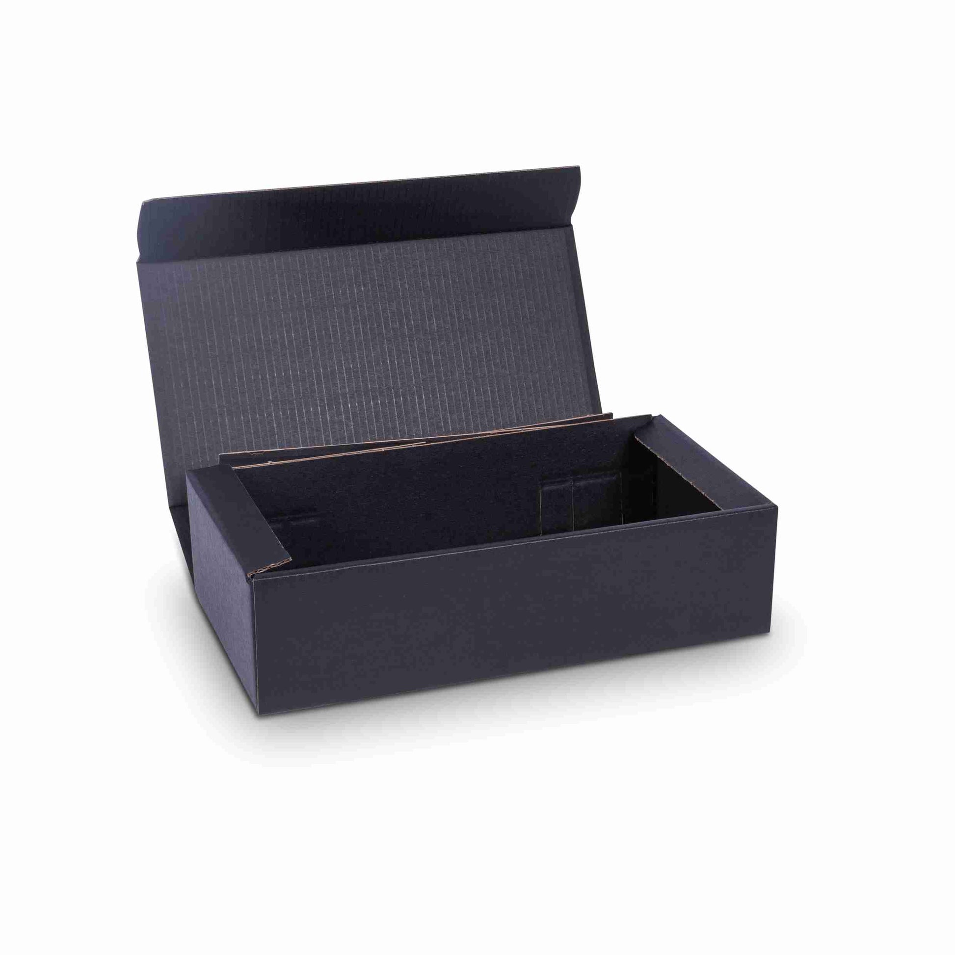 Weinpräsentkarton schwarz – Innenmass 360 × 90 × 180 mm – für 2 Flaschen – 1 Palette (550 Stk.)