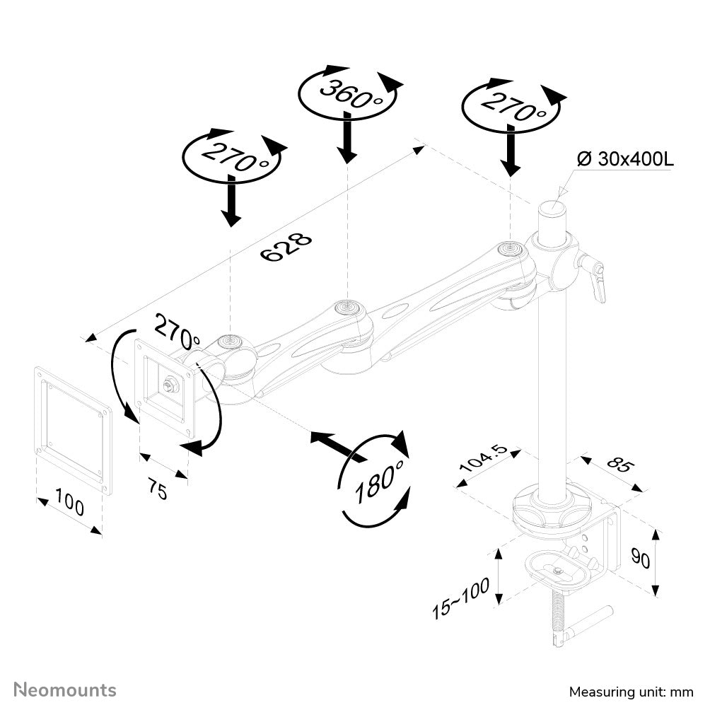Neomounts FPMA-D930 – Tischhalterung, Tischklemme, bis 30", 10 kg, neigbar, silber