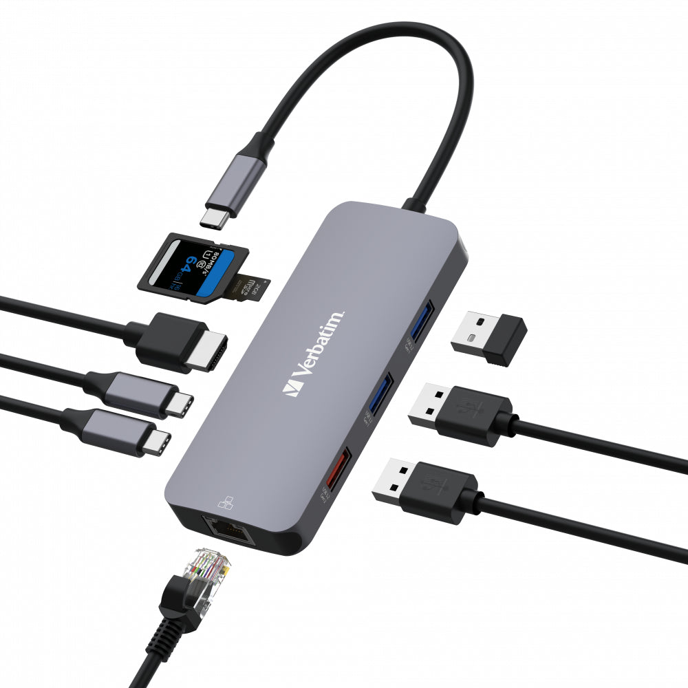 Verbatim CMH-09 Multiport-Adapter – USB-C, 1× HDMI, 3× USB-A, 2× USB-C, GbE, SD/microSD, für Windows/Mac/Linux