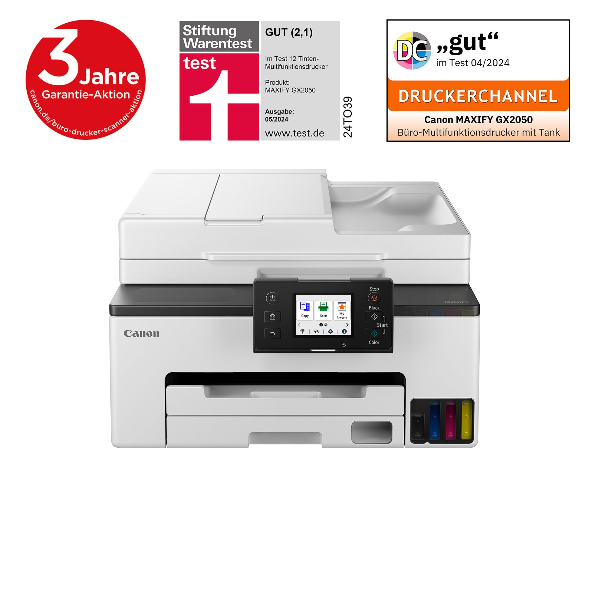 Canon MAXIFY GX2050 – Farbiges Tintenstrahl-MFP A4, 4-in-1 – USB – Duplex, ADF – 15 ppm S/W, 10 ppm Farbe
