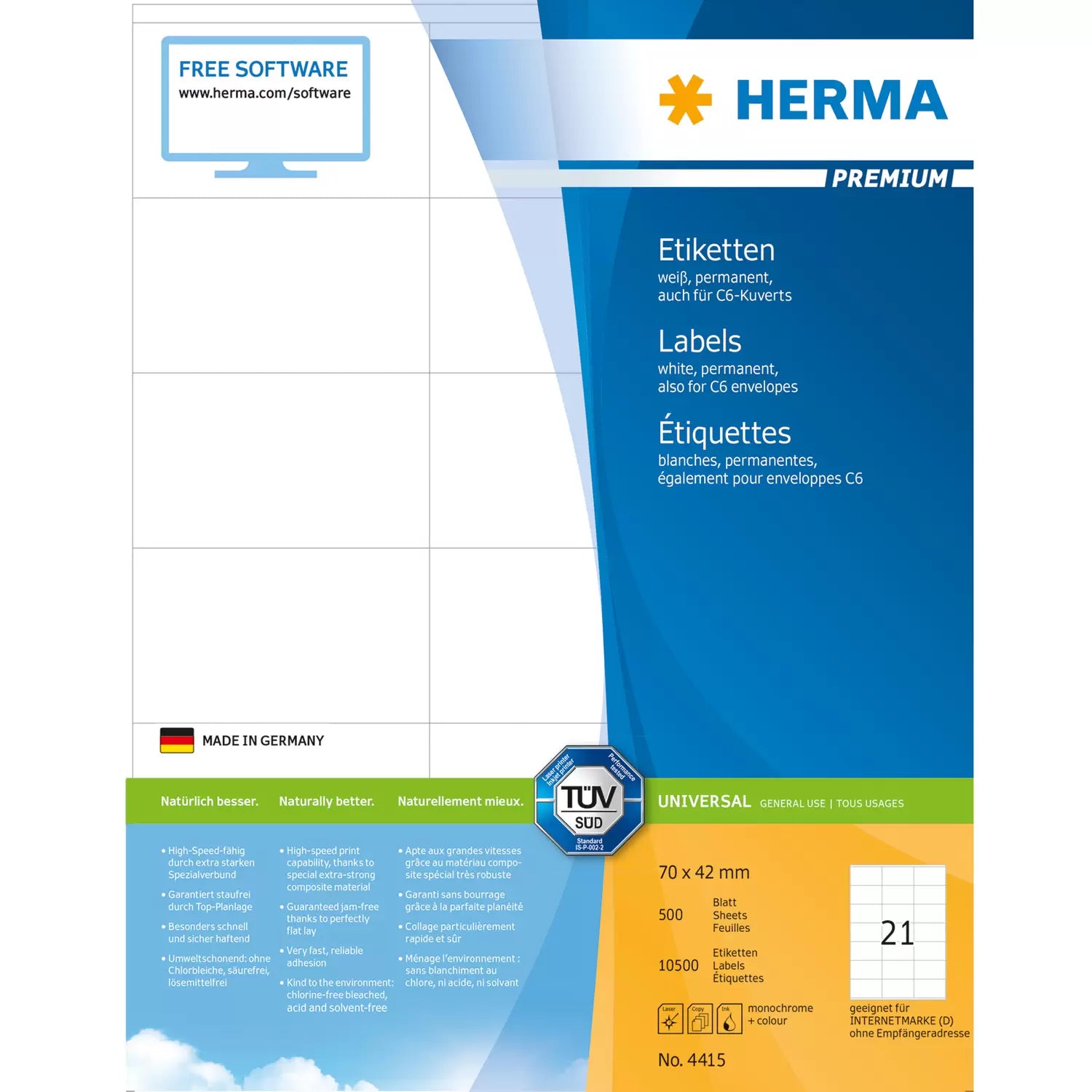 HERMA Blattetiketten, 70 mm × 42 mm, weiss, Papier, permanent, 500 Blatt