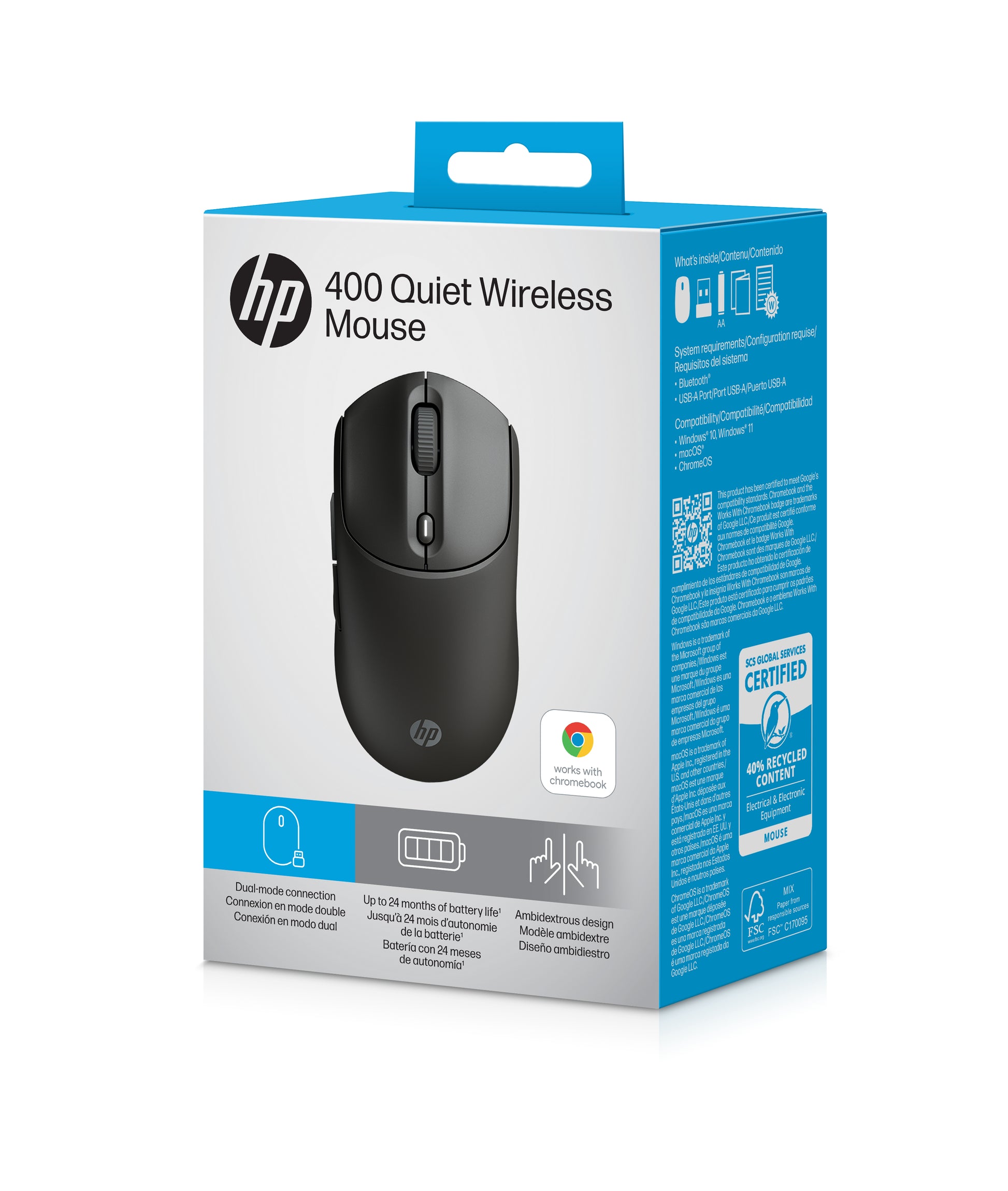 HP 400 Quiet – Maus – Kabellos (Bluetooth/2,4 GHz), 6000 DPI, beidhändig, Schwarz