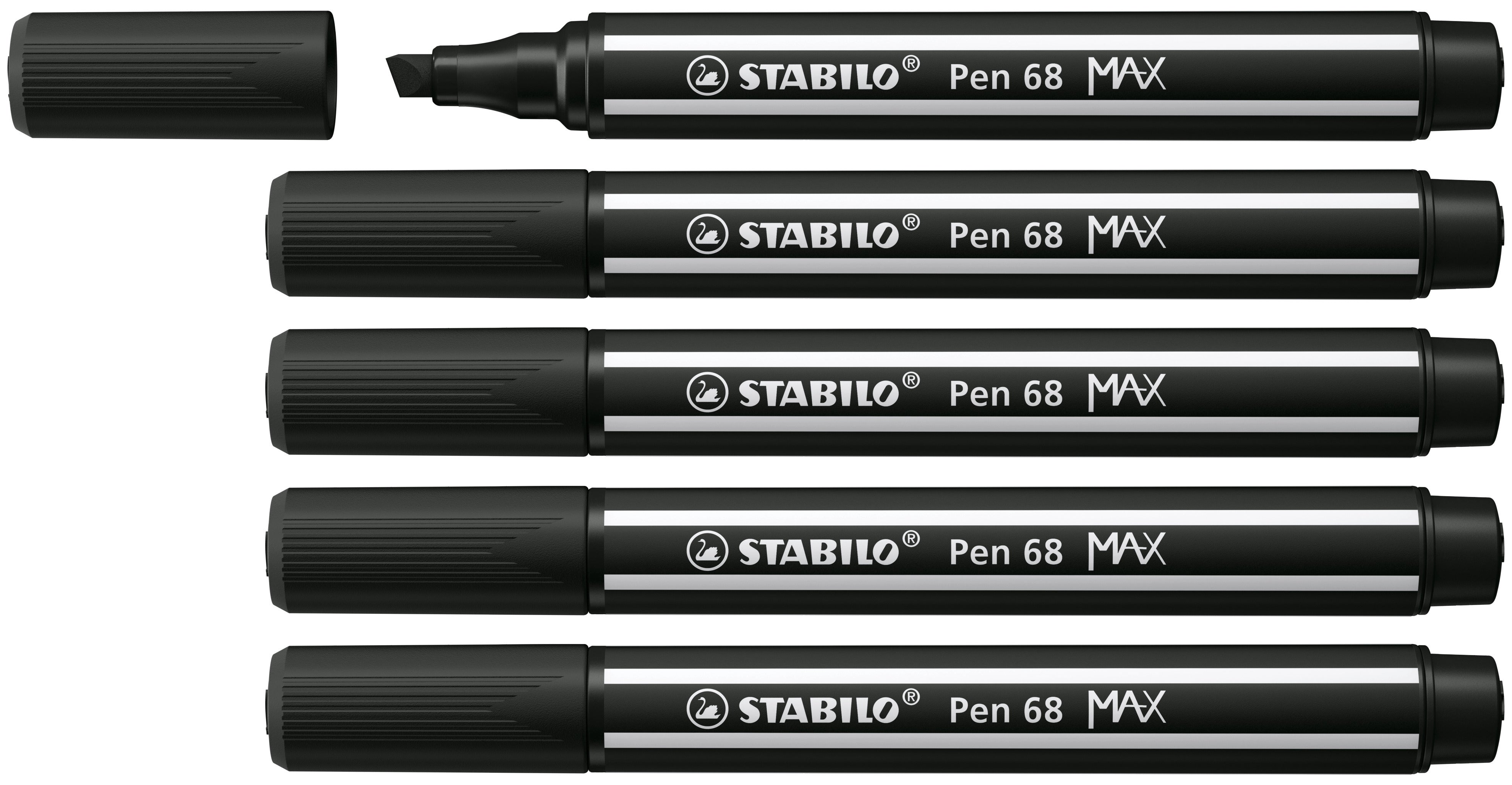 STABILO Pen 68 MAX Filzstift – Keilspitze, Doppelspitze, 1 + 5 mm, wasservermalbar, 5er Set, schwarz