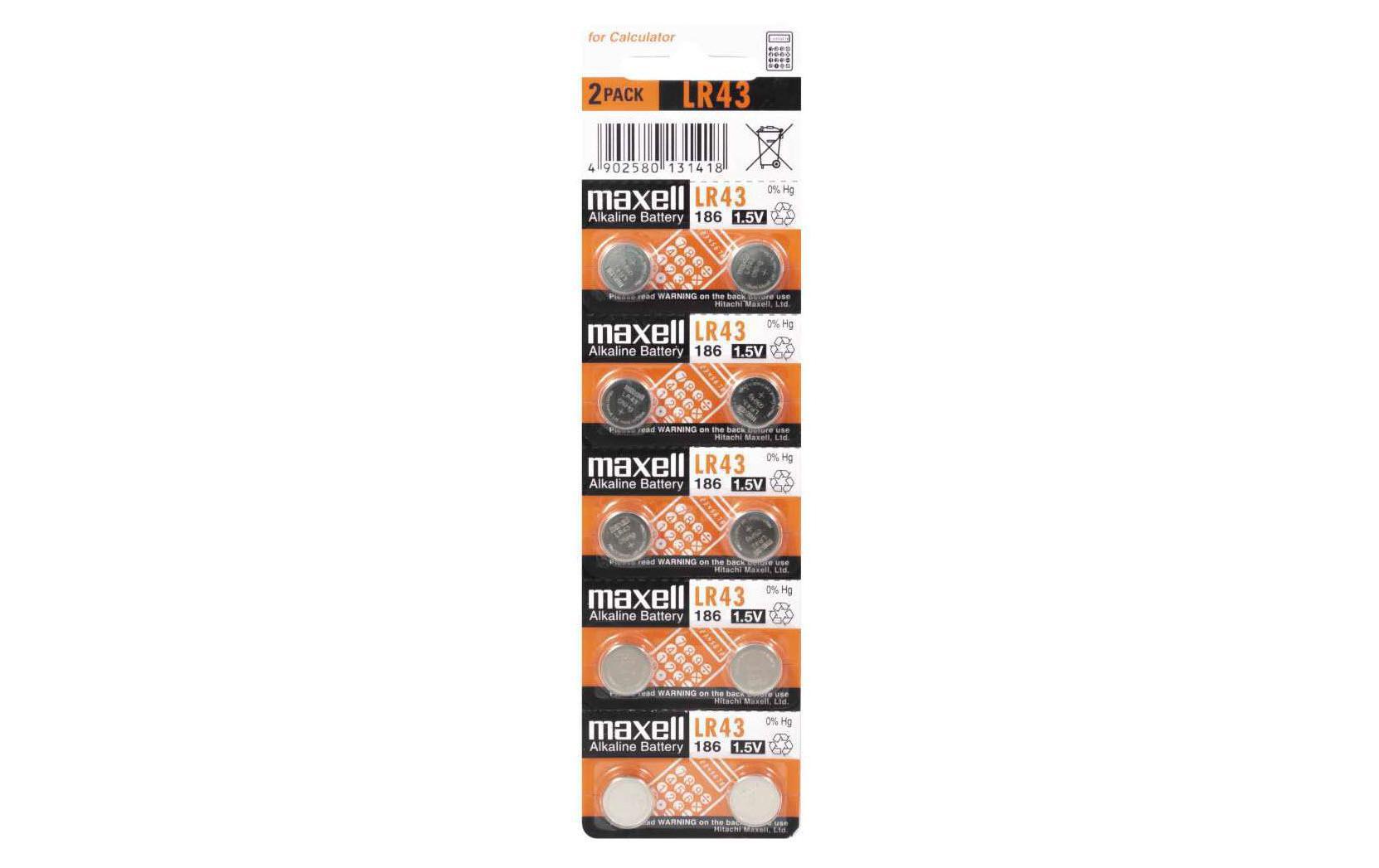 Maxell Knopfzellen LR43, Alkaline, 1,5 V – 10 Stk.