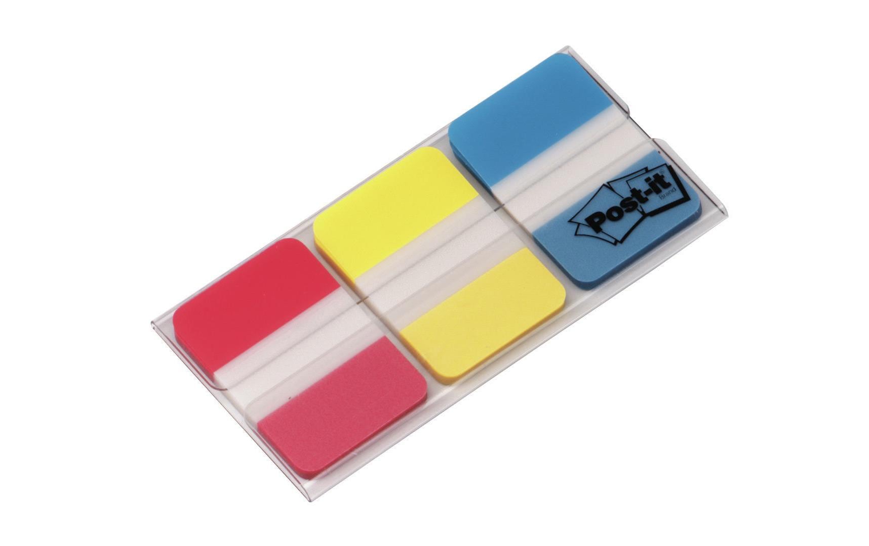 Post-it Indexstreifen Strong – 25,4×38 mm – sortiert (rot, gelb, blau), 3×22 Stück, mit Dispenser