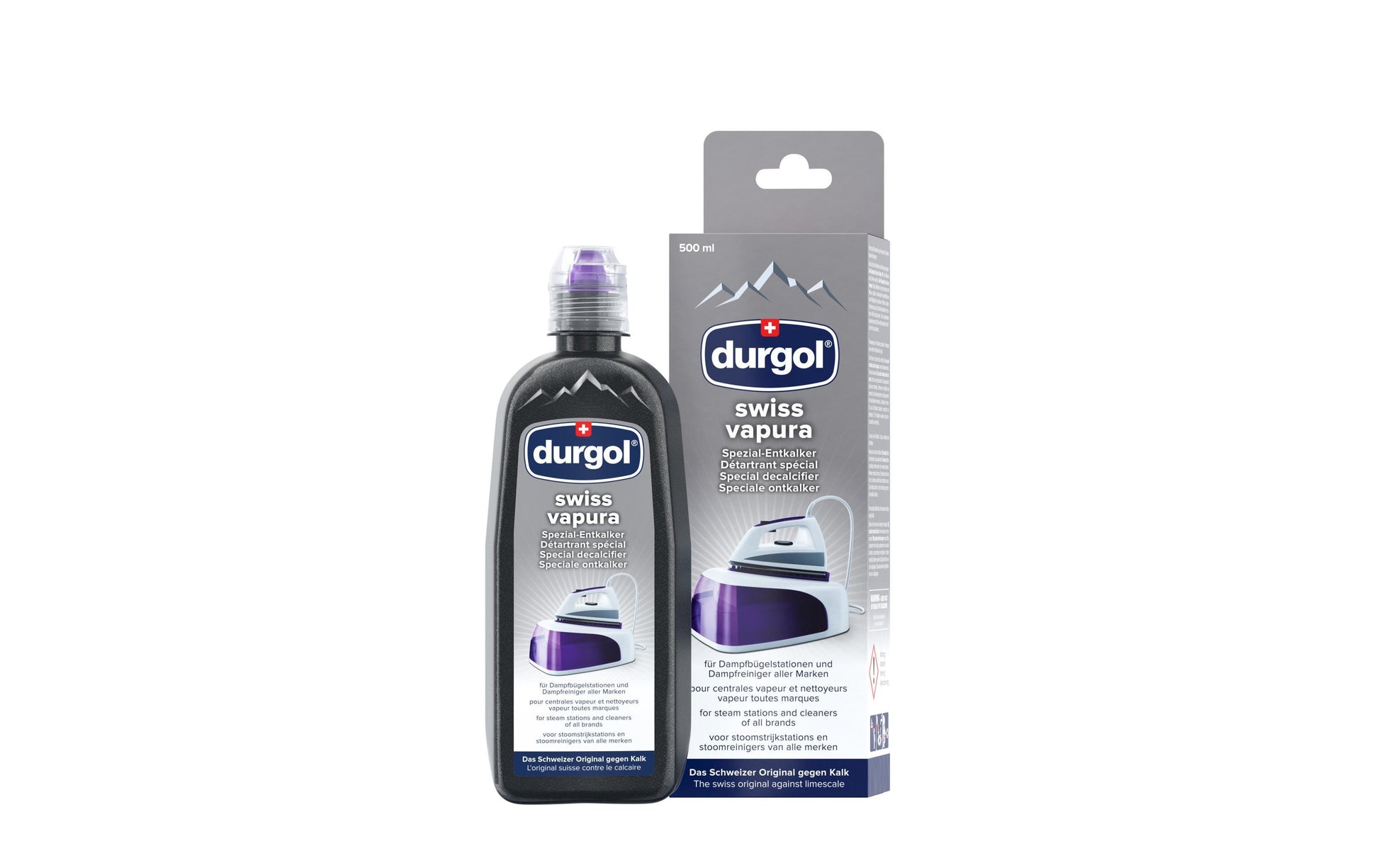 Durgol Swiss Vapura Entkalker für Dampfbügelstationen – Flüssigkeit, Box – 500 ml, 1 Stk.