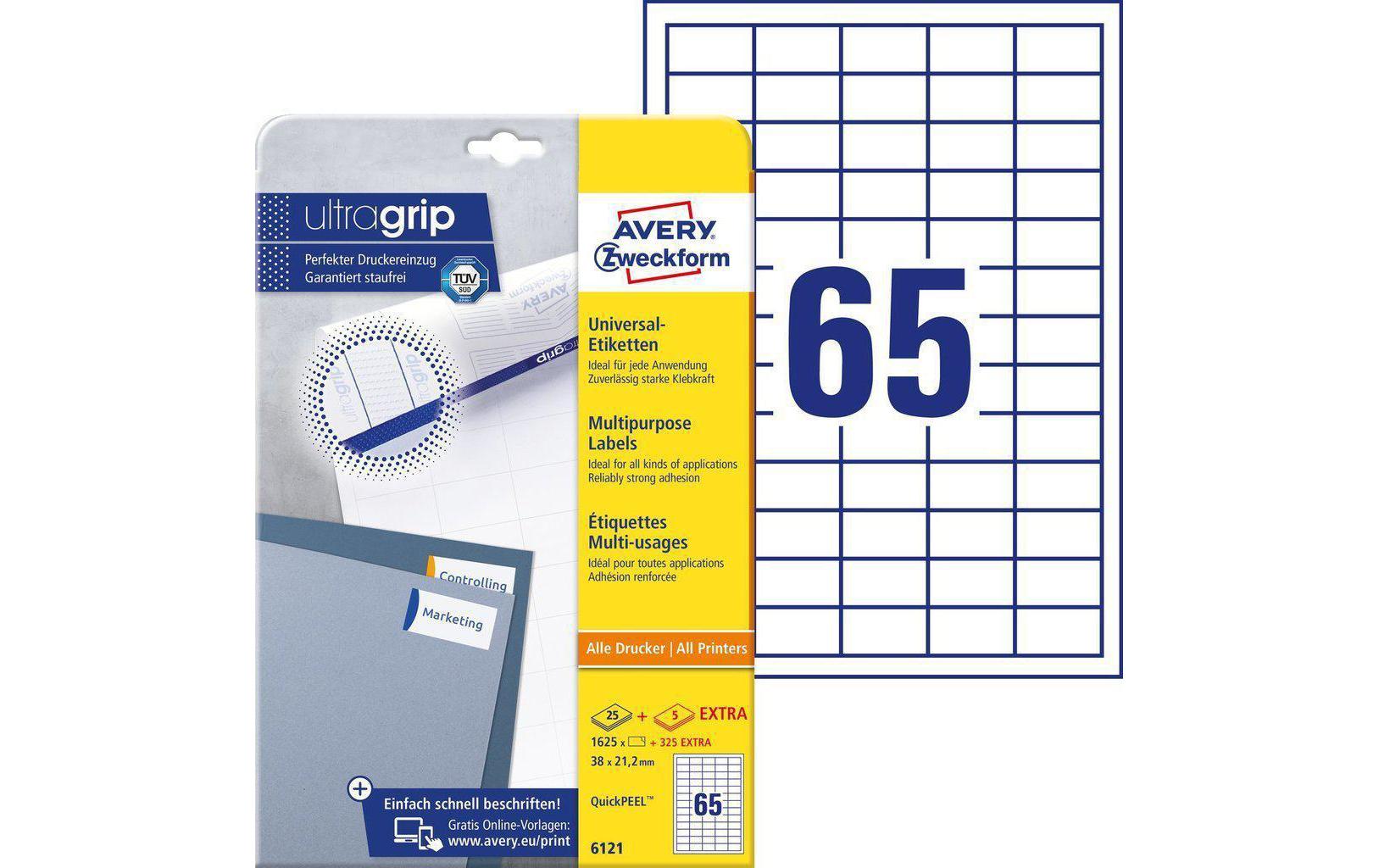 Avery 6121 – Etiketten A4 38 × 21,2 mm – Papier, weiss – permanent haftend – 65 pro Blatt, 30 Blätter (1'950 Stk.)