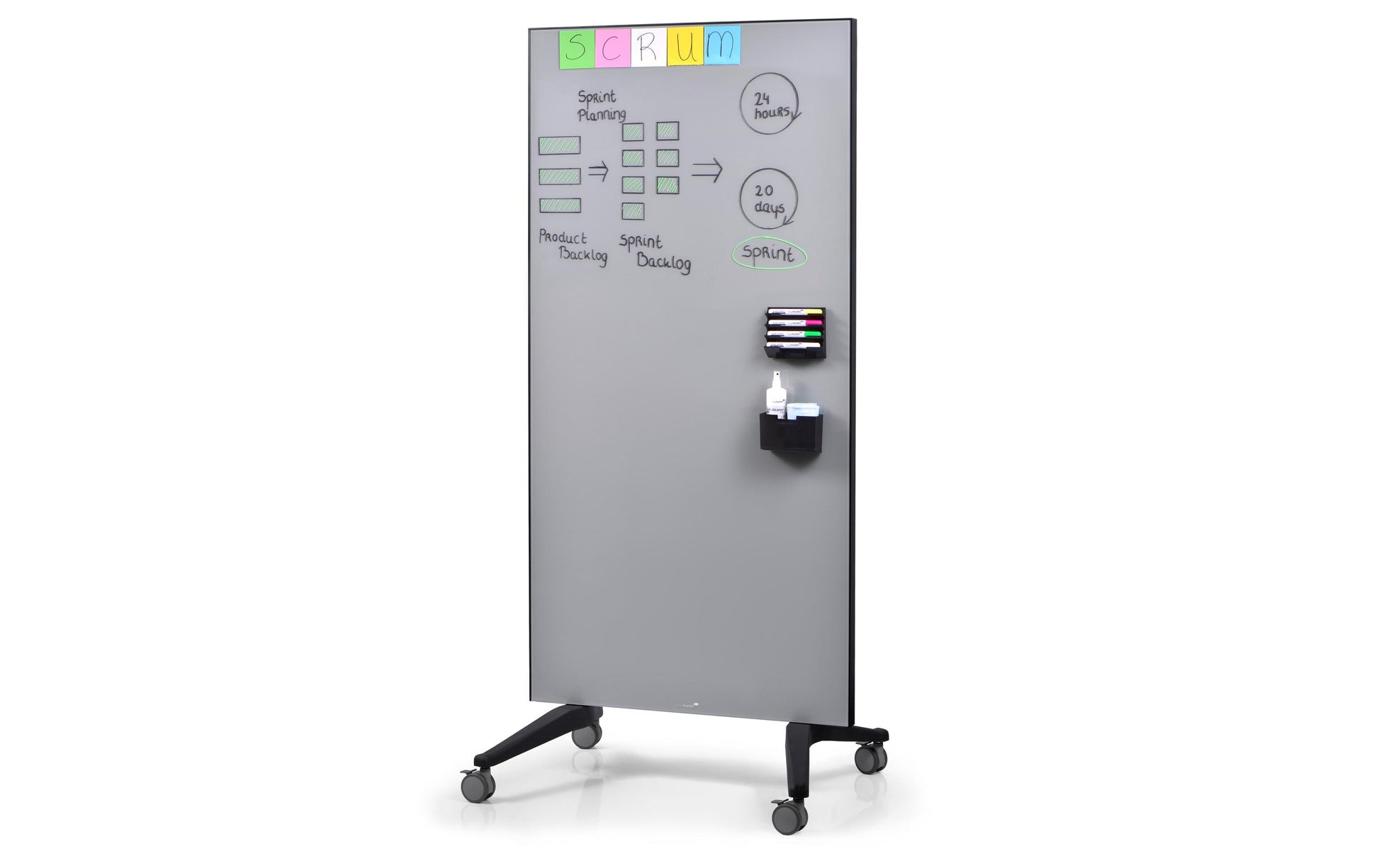 Legamaster Whiteboard – 95 × 175 cm, Glas, magnetisch, Stahlrahmen, grau, mobil