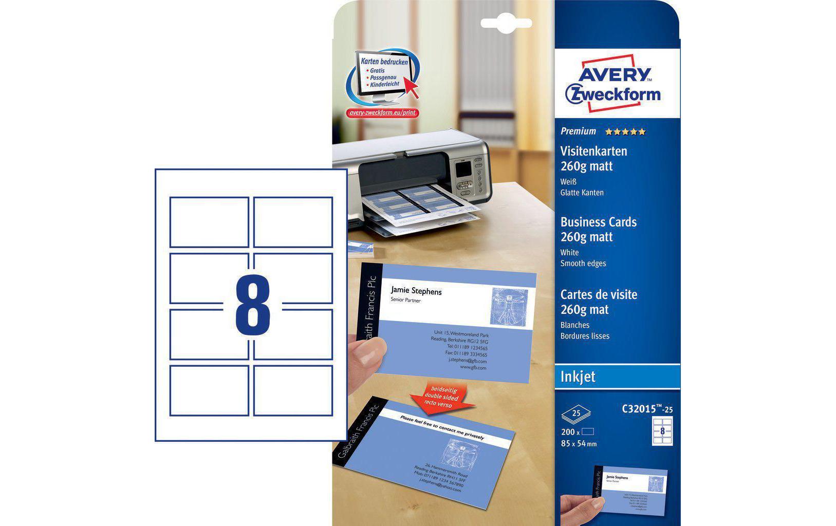 Avery Visitenkarten, 85 × 54 mm – A4, 8 pro Blatt – 200 Karten – FSC-zertifiziert, beidseitig bedruckbar