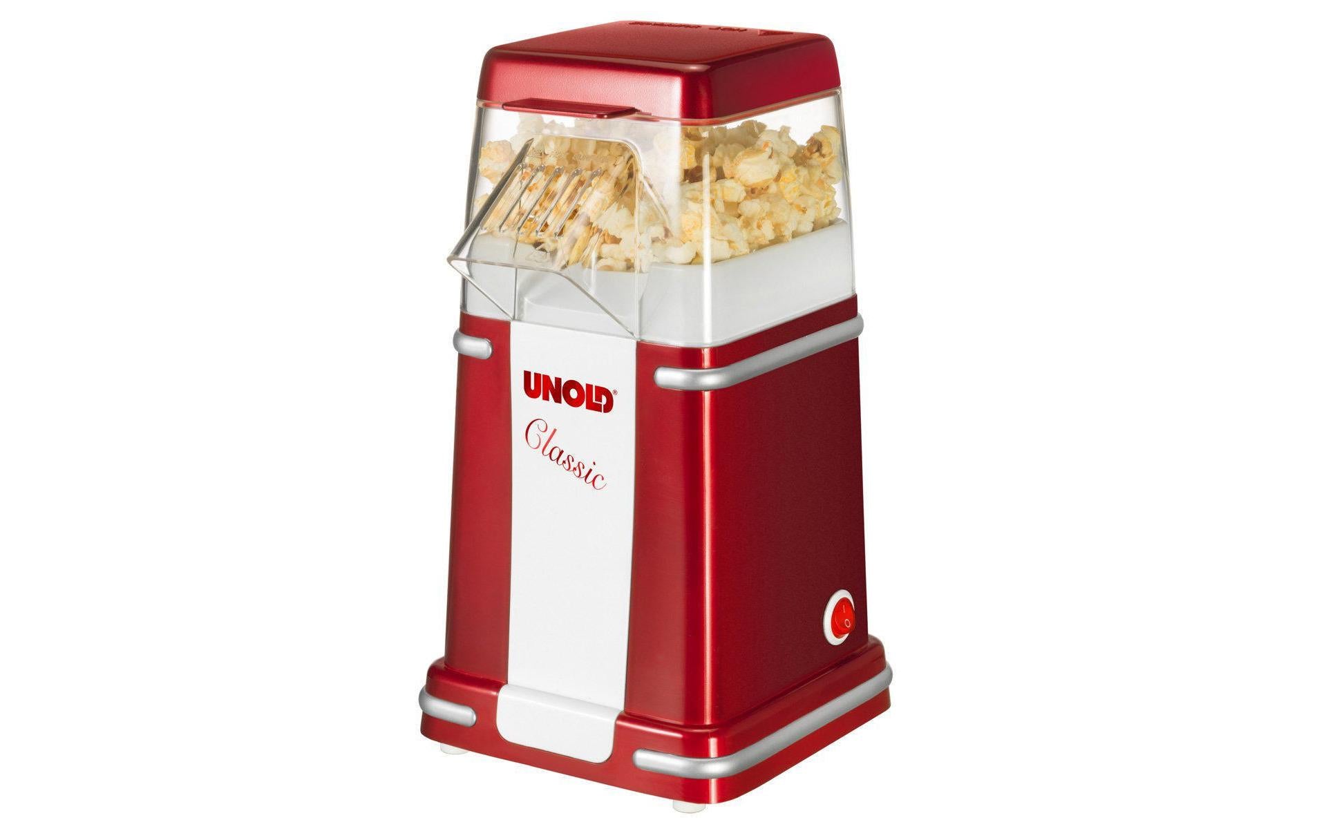 Unold Popcornmaschine Classic 48525 – 100 g, 900 W, Deckel als Messbecher – rot/silber/weiss