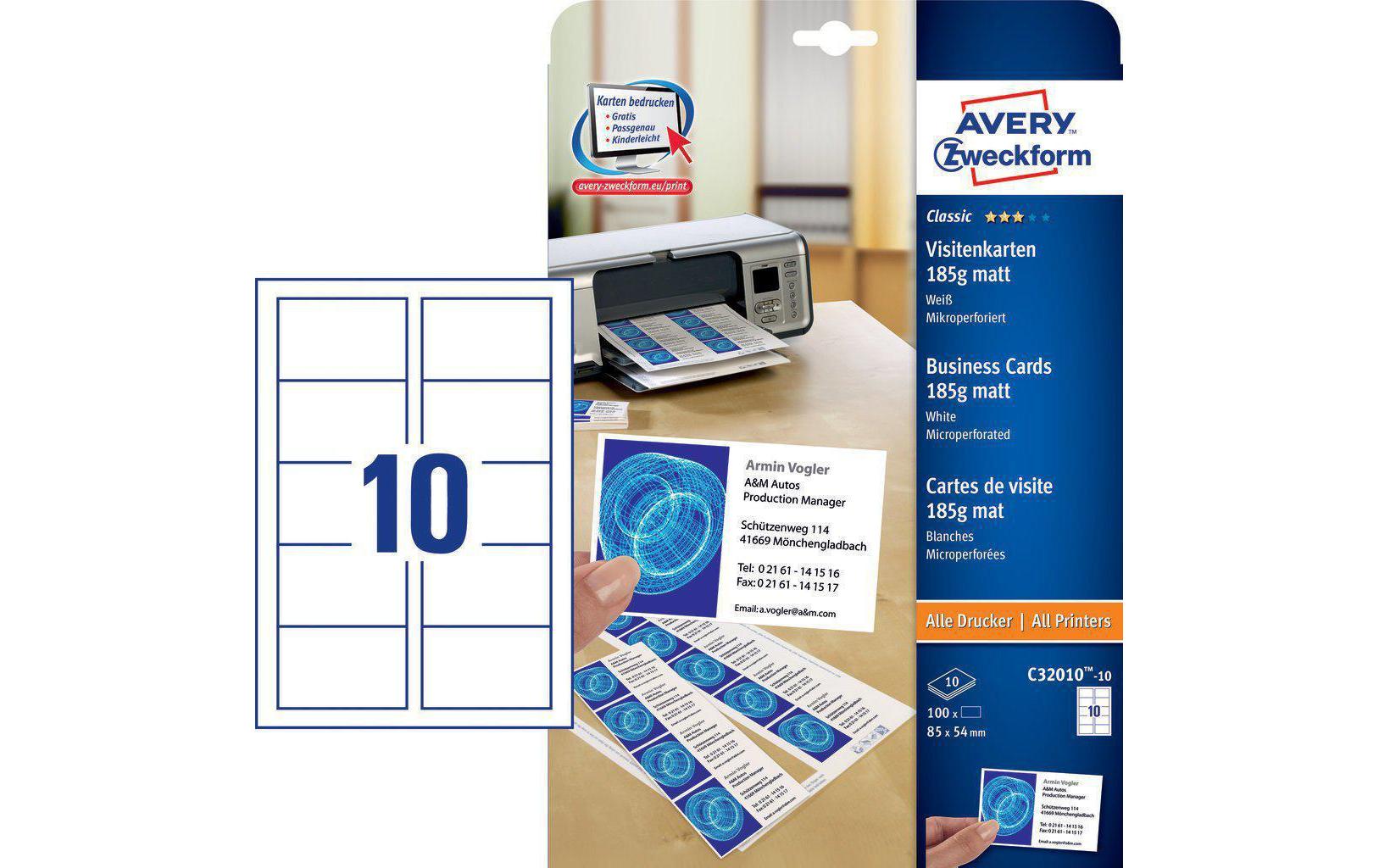 AVERY Zweckform Visitenkarten – 85 × 54 mm, matt, 185 g/m², für Inkjet/Laser, 100 Karten