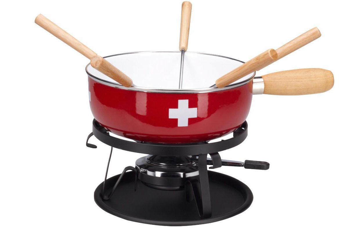 Nouvel Käsefondue-Set 9-teilig, für 6 Personen – mit Pastenbrenner, Stahl, Ø 22 cm, für Induktion, Rot/Weiss