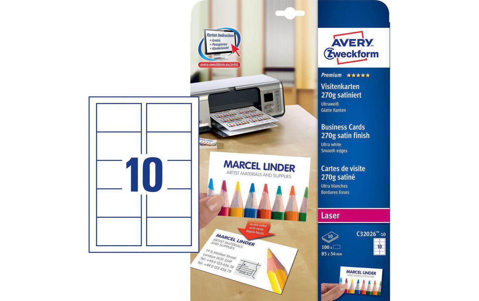 Avery Visitenkarten, 85 × 54 mm – A4, 10 pro Blatt – 100 Karten – FSC-zertifiziert, beidseitig bedruckbar