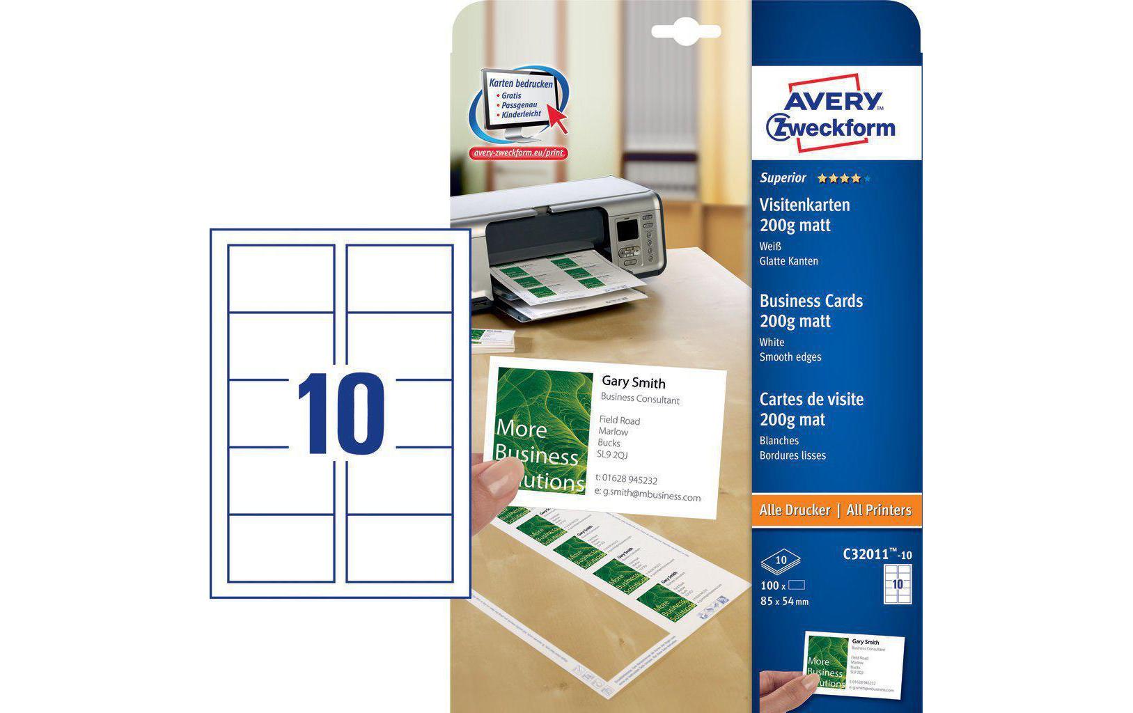Avery Visitenkarten, 85 × 54 mm – für Laser/Inkjet/Kopierer – A4, 10 pro Blatt – 100 Karten – FSC-zertifiziert