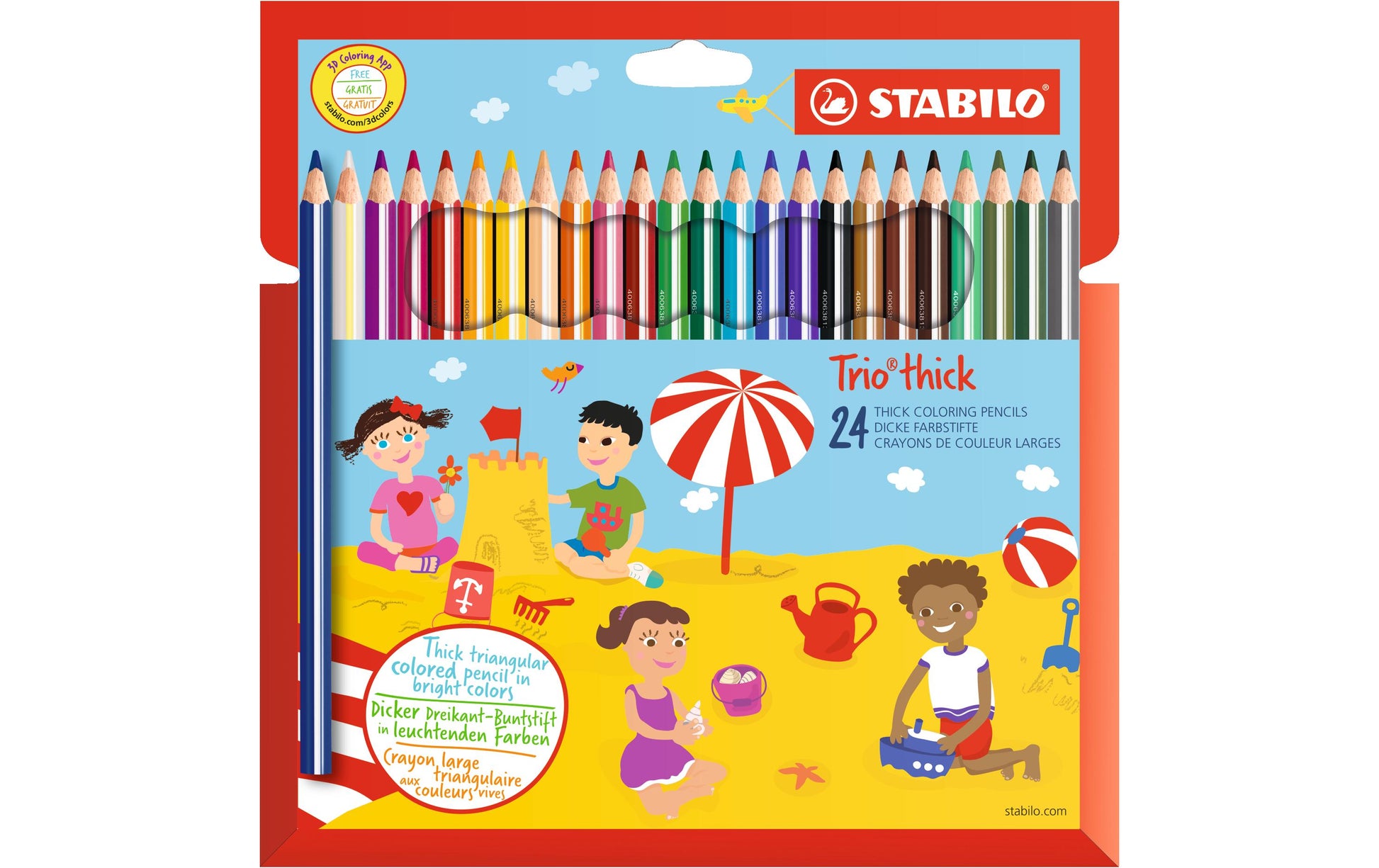 STABILO Buntstift Trio dick Mehrfarbig 24er Etui – mit Spitzer, dreikant, Strichbreite 4,2 mm
