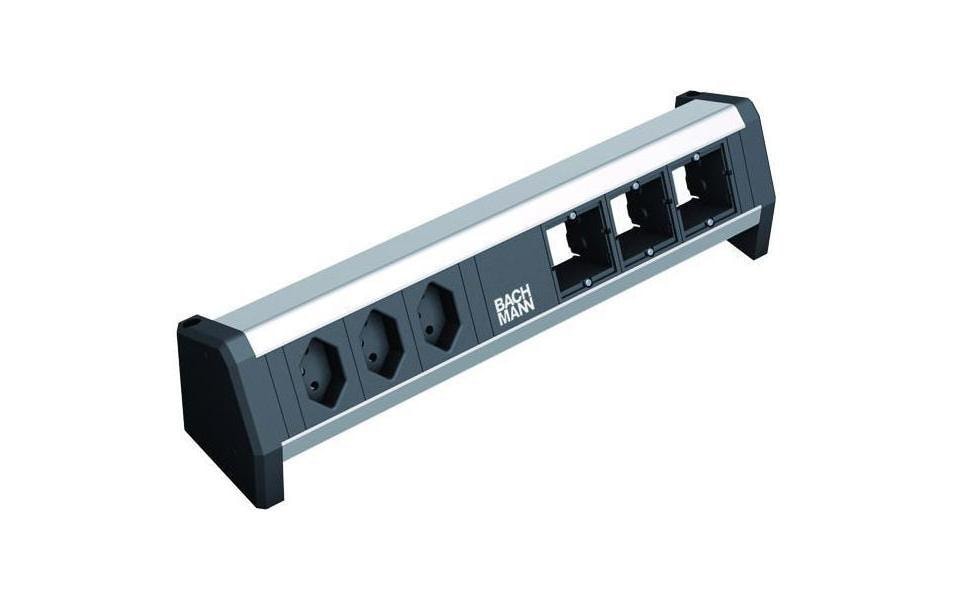 Bachmann DESK 1 Tischsteckdosenleiste, 3×T13, 0,2 m, 3×Leerplatz für Custom-Modul, ohne Schalter – Schwarz