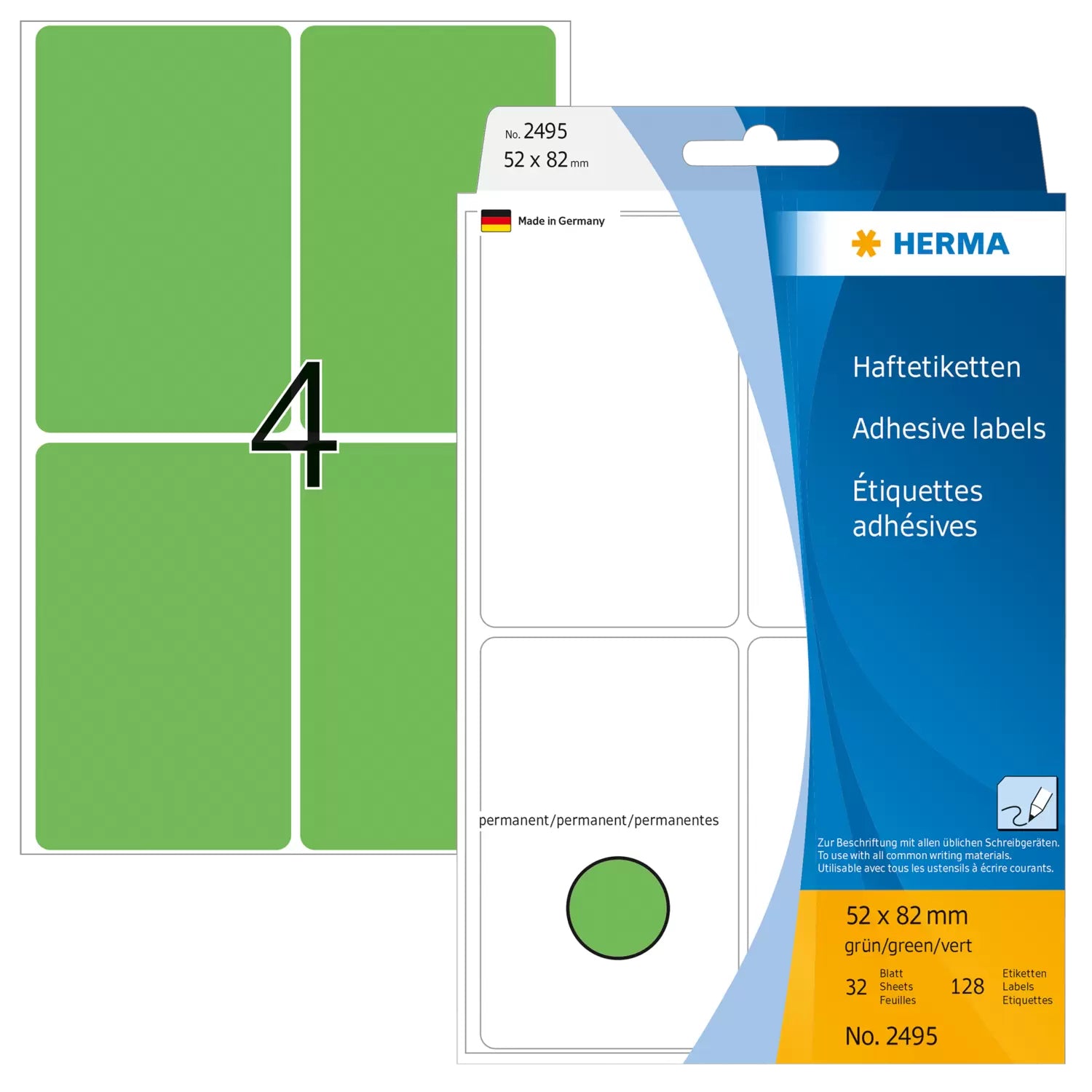 HERMA Schuletiketten – 52 × 82 mm, Abgerundete Ecken, 128 Stk, 32 Bogen, Papier, Permanent Haftend