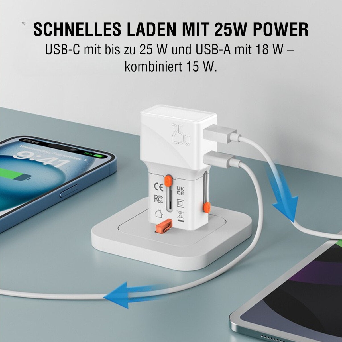 4smarts Nomad Pocket Weltreiseadapter 25 W – USB-C×1 – PD 3.0, PPS, QC 3.0 – AU/EU/UK/US-Stecker – Weiss