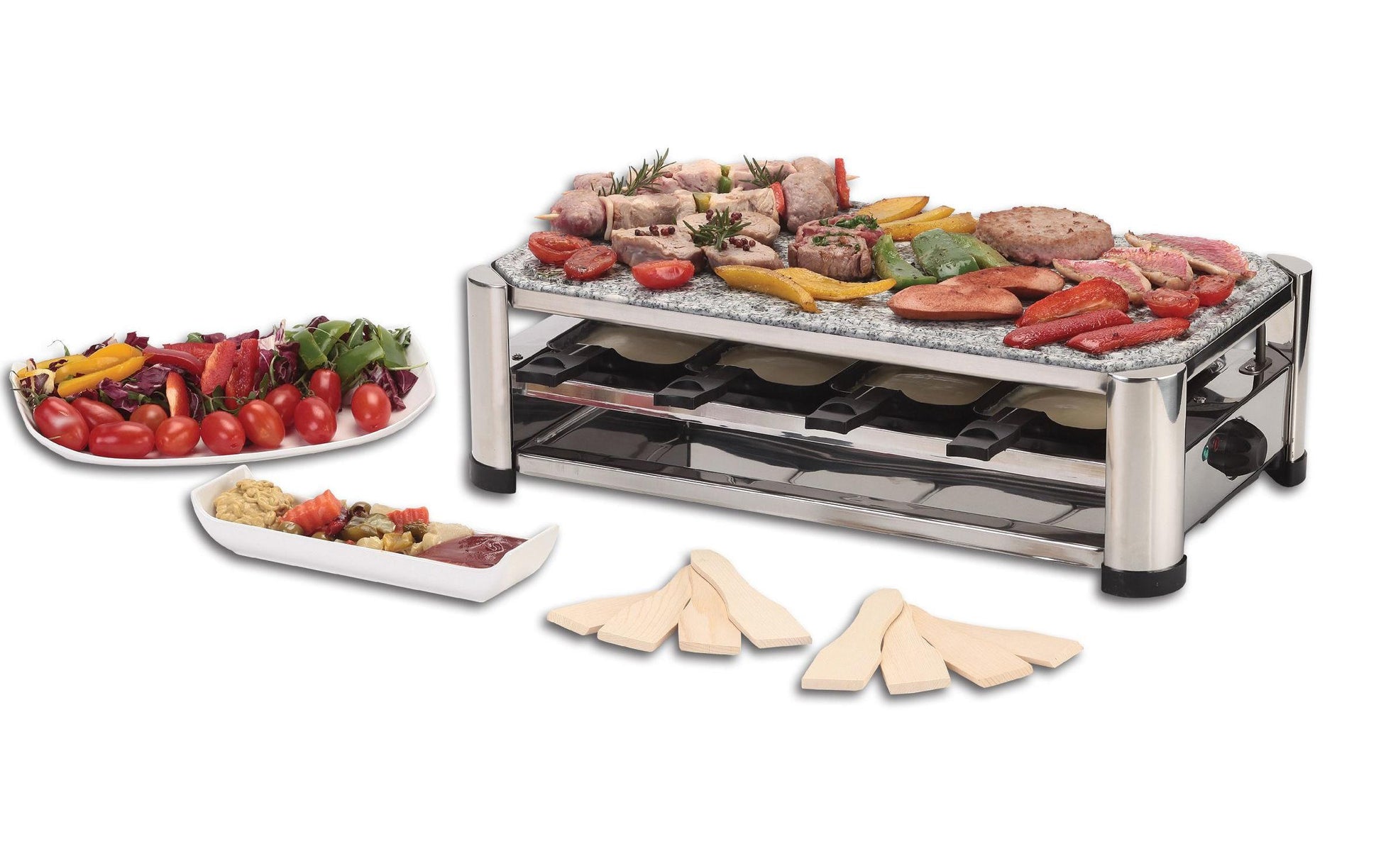 Ohmex Raclette-Grill OHM-GRIL-4500 – 8 Personen, 6 Pfännchen, Hot Stone, 1500 W – schwarz/edelstahl