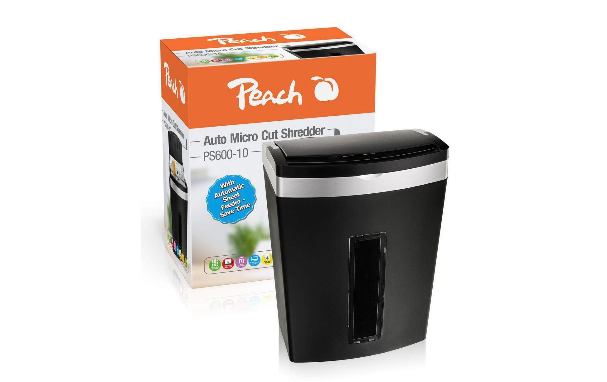 Peach PS600-10 Aktenvernichter – Mikroschnitt, P-5, 3 × 10 mm, 90 Blatt, 20 l, CD/Kreditkarten