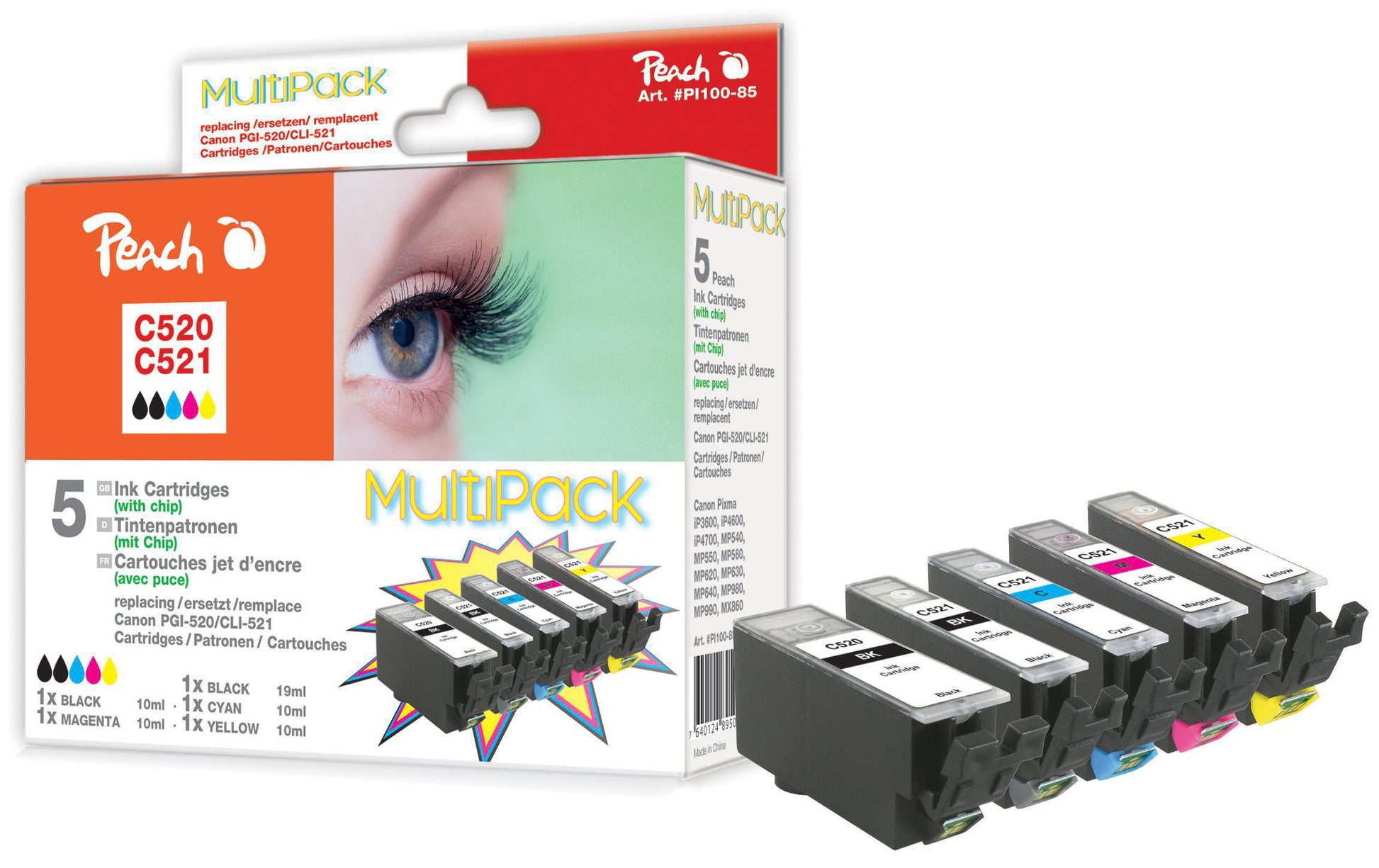 Peach C520/C521XL Tintenpatronen-Multipack, Schwarz/Cyan/Magenta/Gelb (Kompatibel) – für Canon Pixma