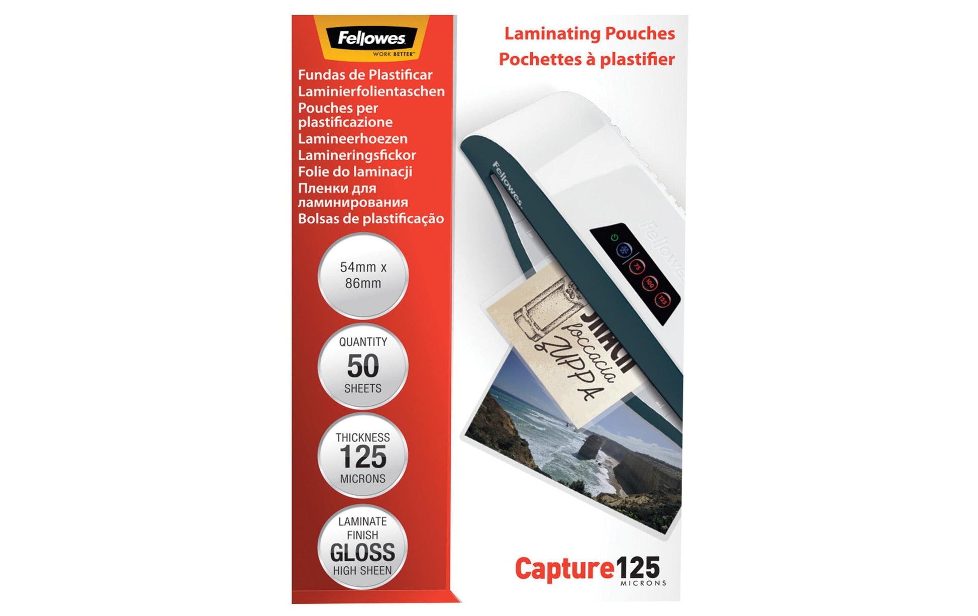 Fellowes Laminierfolien 54 × 86 mm – 125 µm, glänzend, 50 Stück
