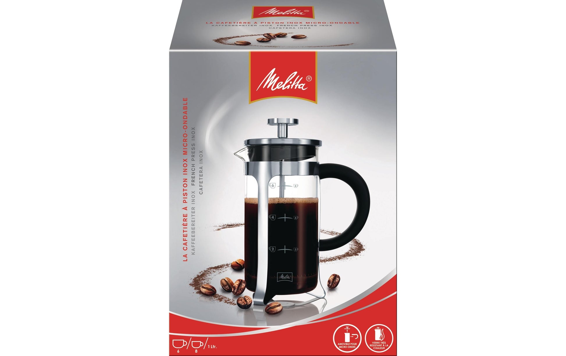 Melitta French Press Kaffeebereiter – 1 l, 8 Tassen, Silber