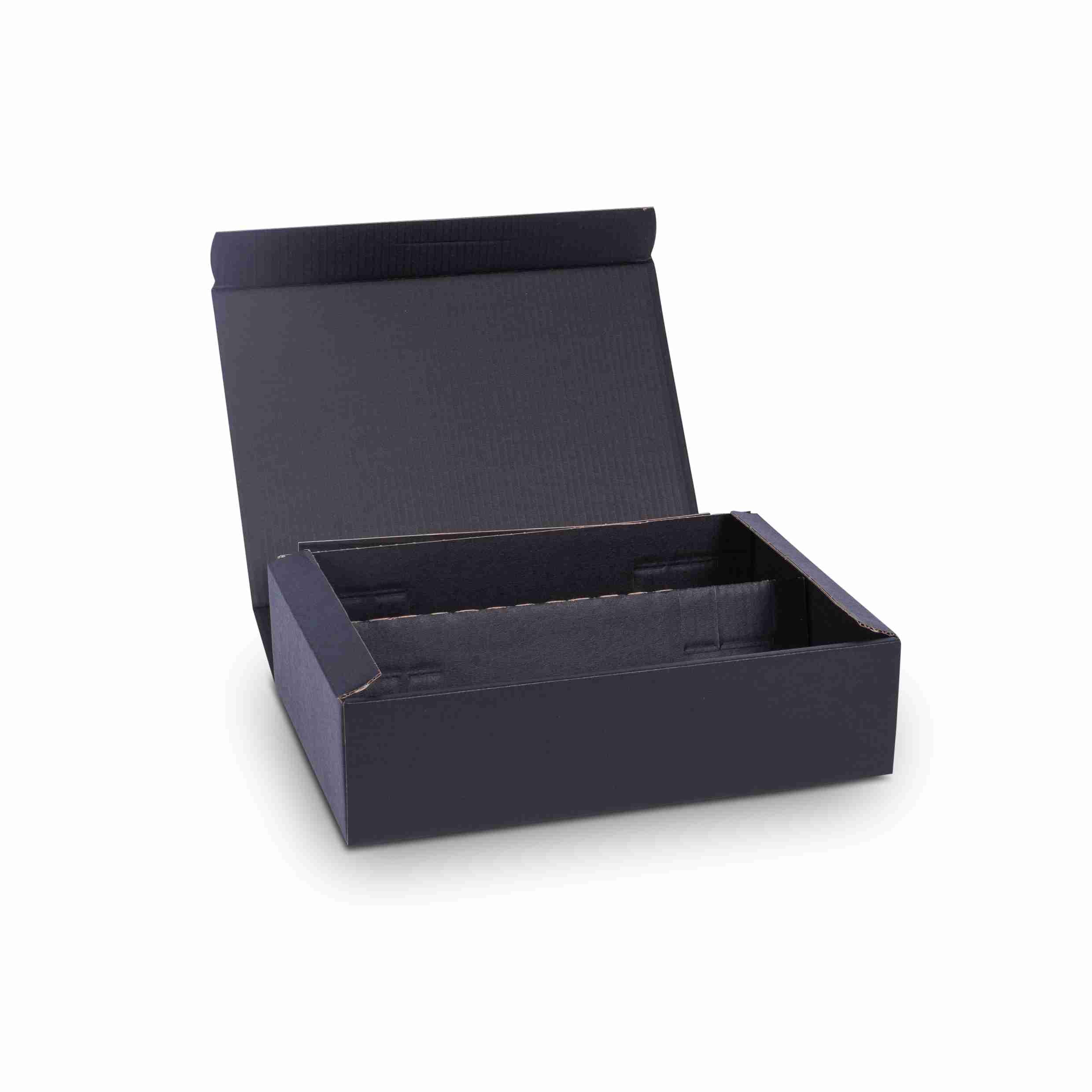 Model Weinpräsentkarton schwarz – Innenmass 360 × 90 × 250 mm – für 3 × 0,75 l Flaschen – 1 Palette (550 Stk.)
