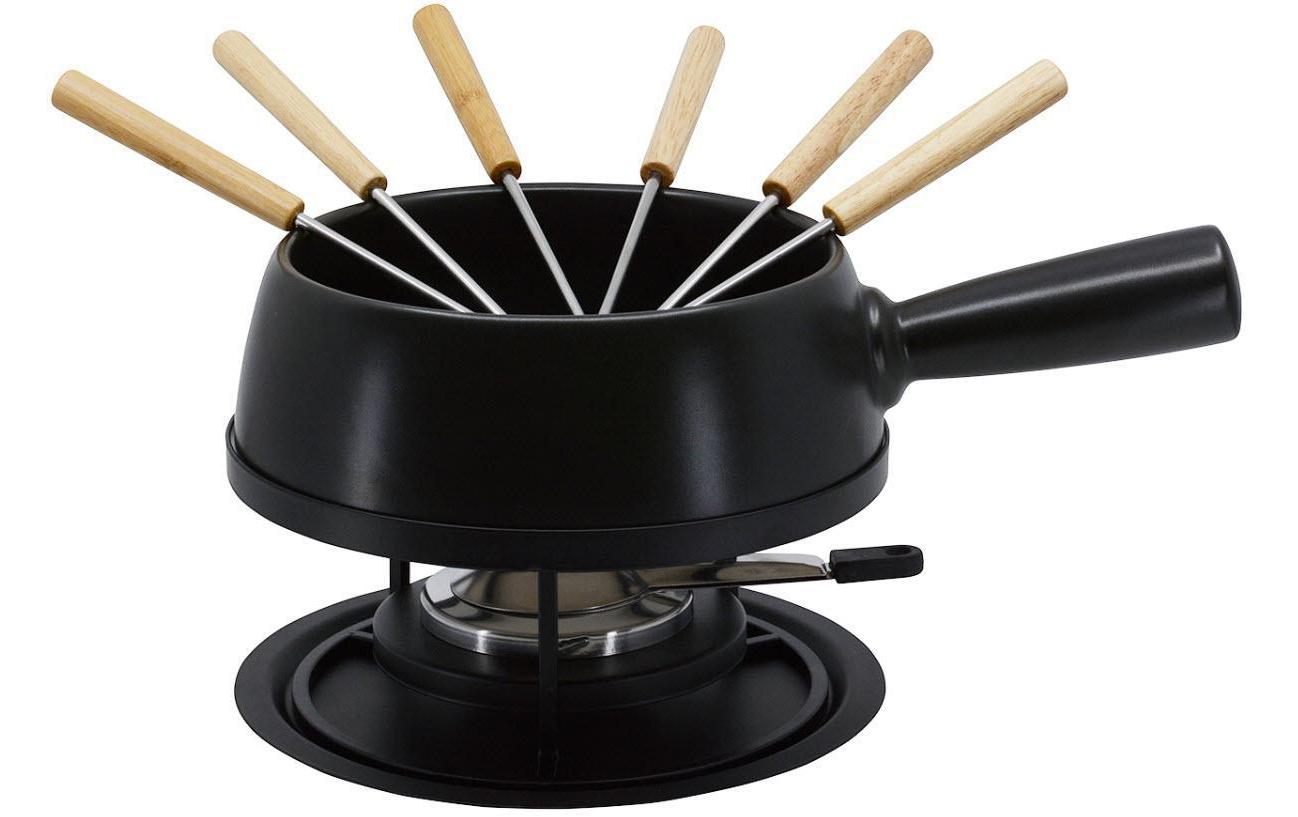 Kadastar Fondue-Set Pure – Ø 22 cm, Steingut, für Käsefondue, Gas, Schwarz, 6 Personen, 9 Teile