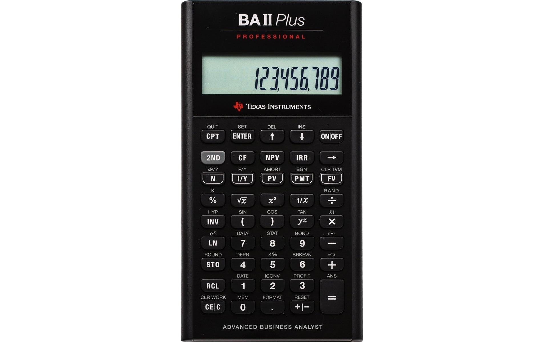 Texas Instruments Taschenrechner BAII Plus PROFESSIONAL – 10-stellig, LCD, Cashflow/Finanz, Batterie, Schwarz