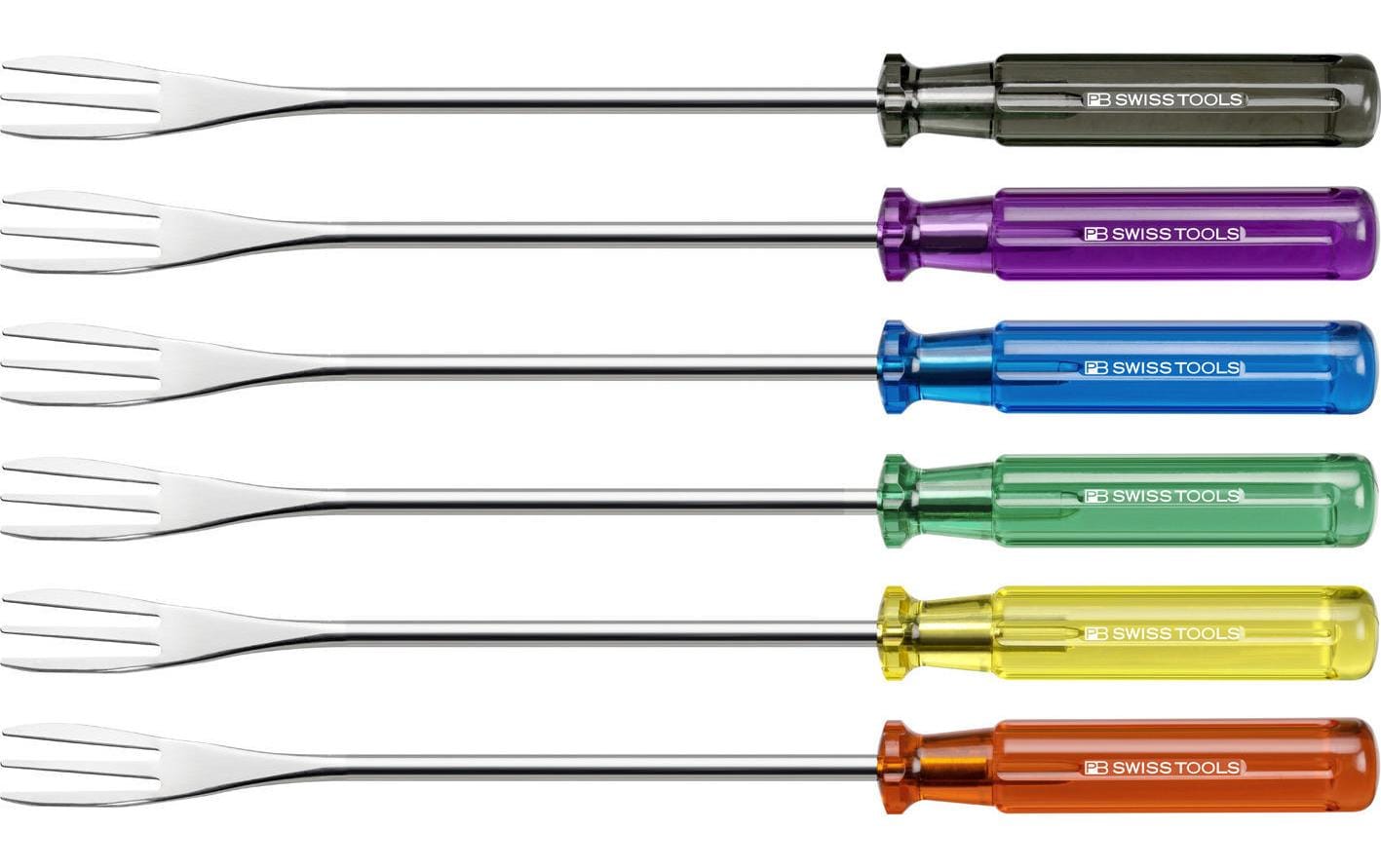 PB Swiss Tools Fonduegabeln – 6er-Set, Edelstahl, Kunststoffgriff, Mehrfarbig, für Käsefondue