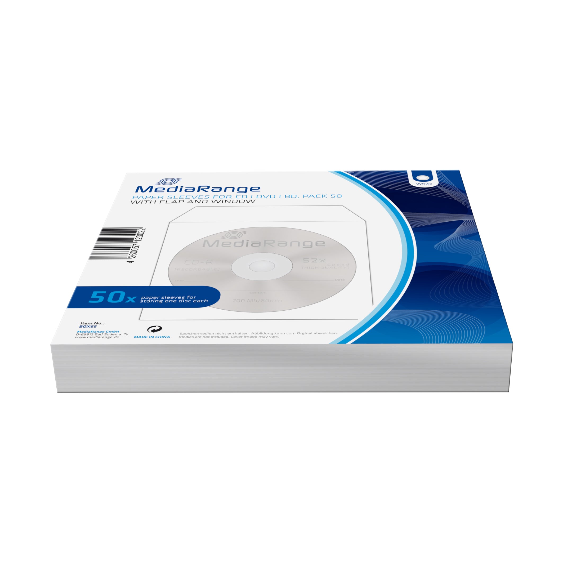 MediaRange CD-Tasche – 1 Disk, Papier/Kunststoff, 125 × 125 mm, 50er Pack