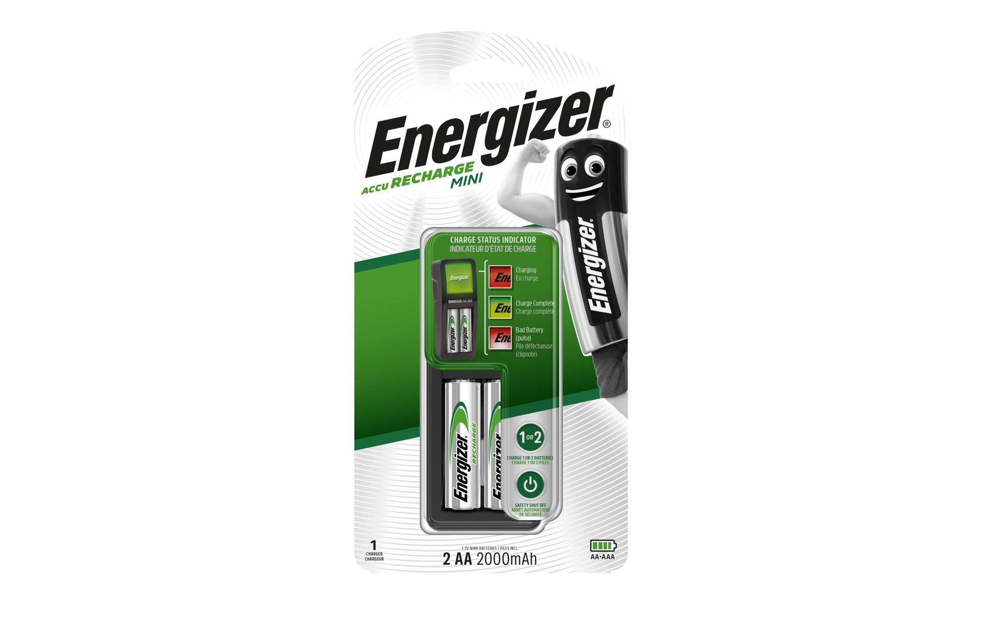 Energizer Mini Charger Batterieladegerät 2× – für NiMH AA/AAA – inkl. 2× 2000 mAh Akkus – schwarz