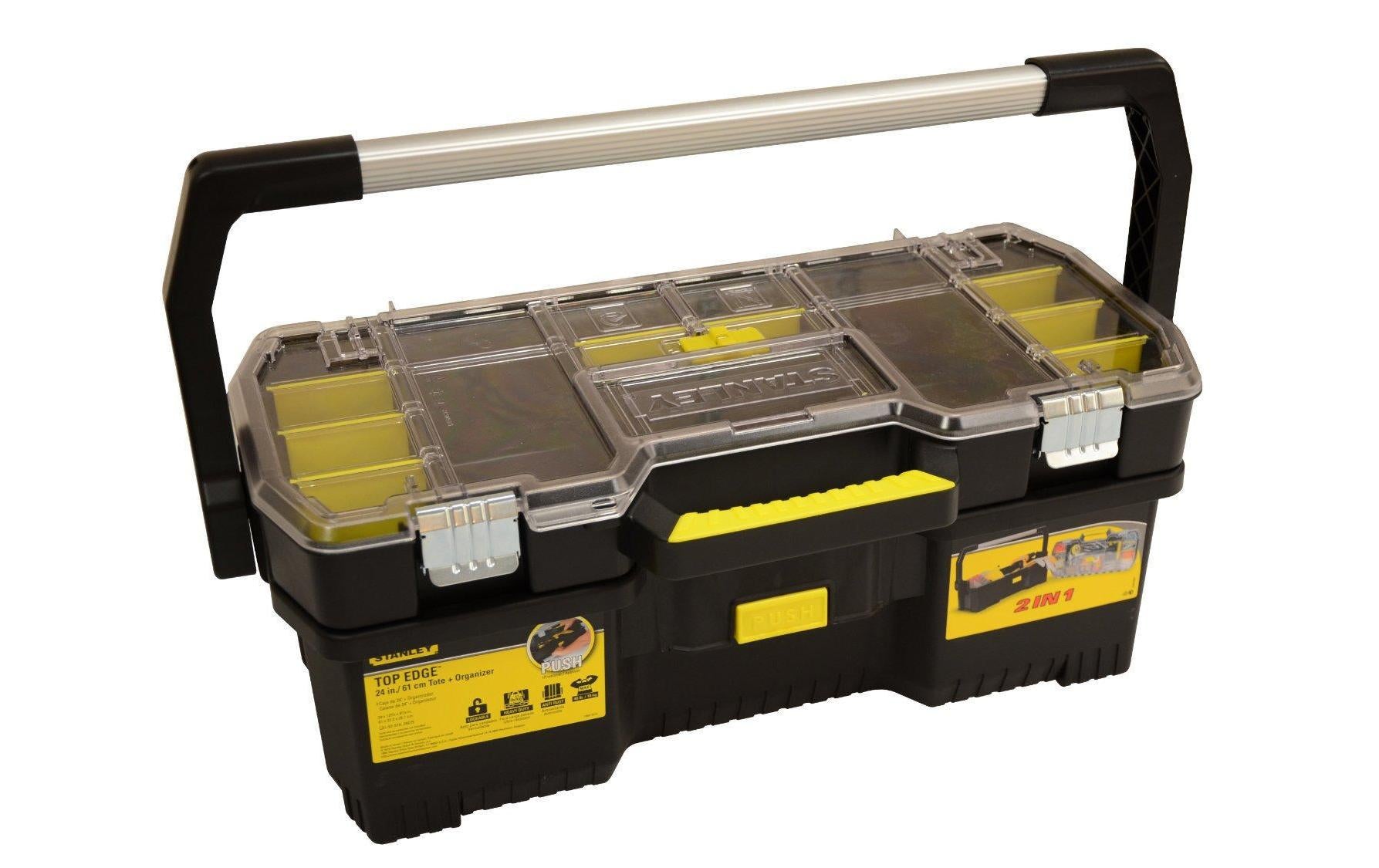 Stanley Werkzeugbox – mit Organizeraufsatz, abschliessbar, schwarz/transparent, B 670 × H 323 × T 251 mm