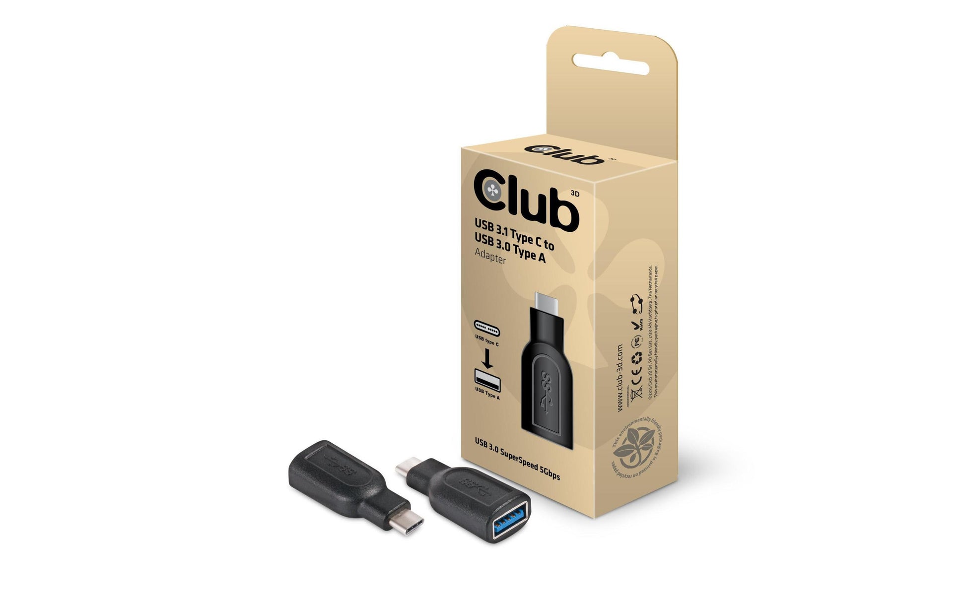 CLUB3D Club 3D Adapter USB-C zu USB-A – USB 3.2 Gen 1 (5 Gbit/s), 4,3 cm, Schwarz, für Windows, macOS, Chrome OS