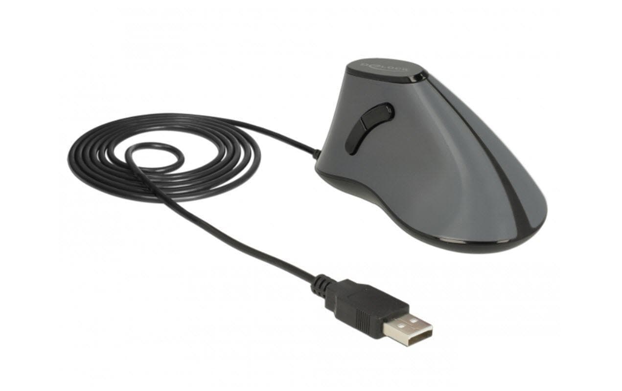 DeLOCK 12527 Ergonomische Maus – kabelgebunden, 800 dpi, 4 Tasten, für Rechtshänder, Daumentaste, schwarz/grau