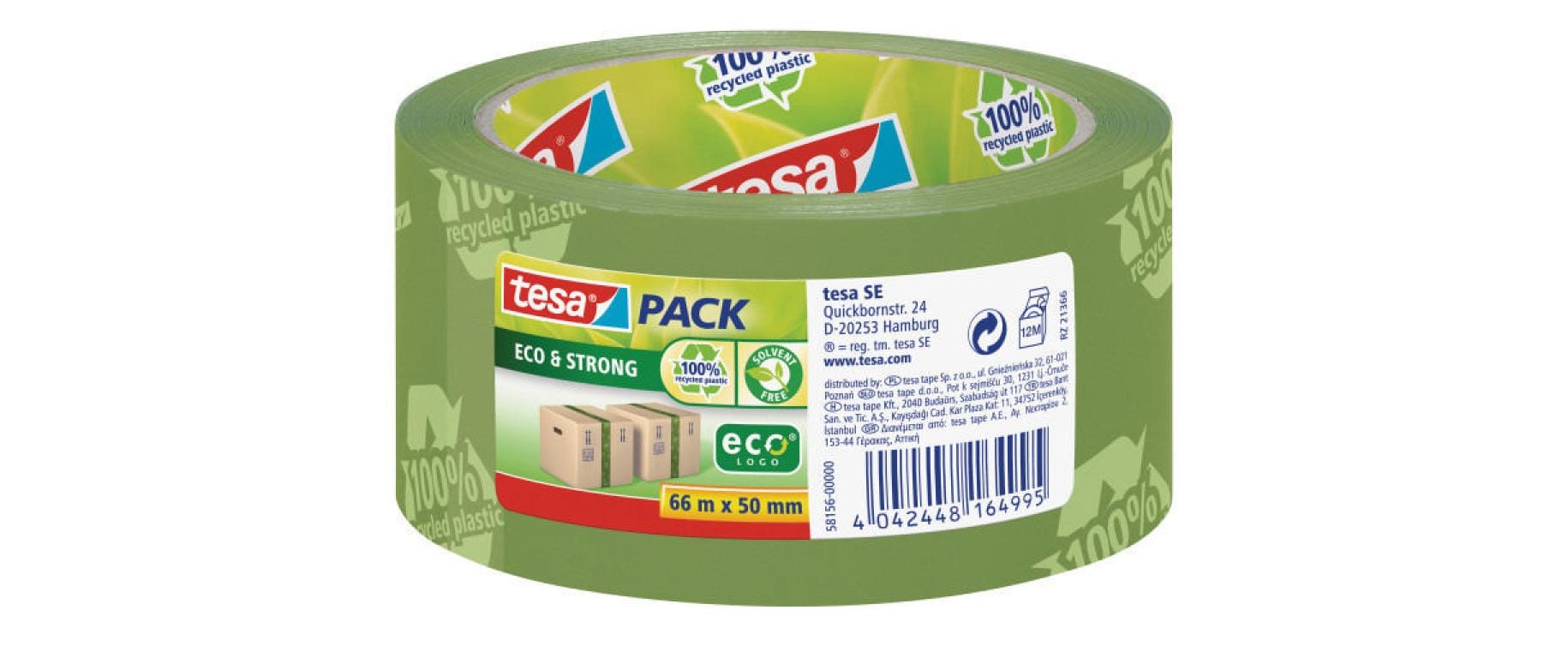 tesa Verpackungsband – 50 mm × 66 m, grün, stark, eco:plus