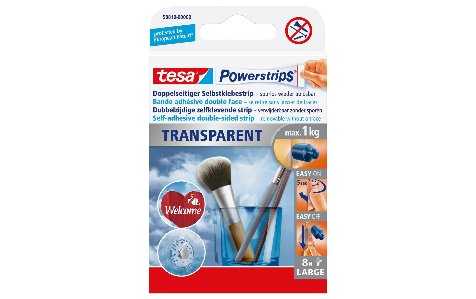 Tesa Montageband Powerstrips, für Spiegel – transparent, bis 1 kg