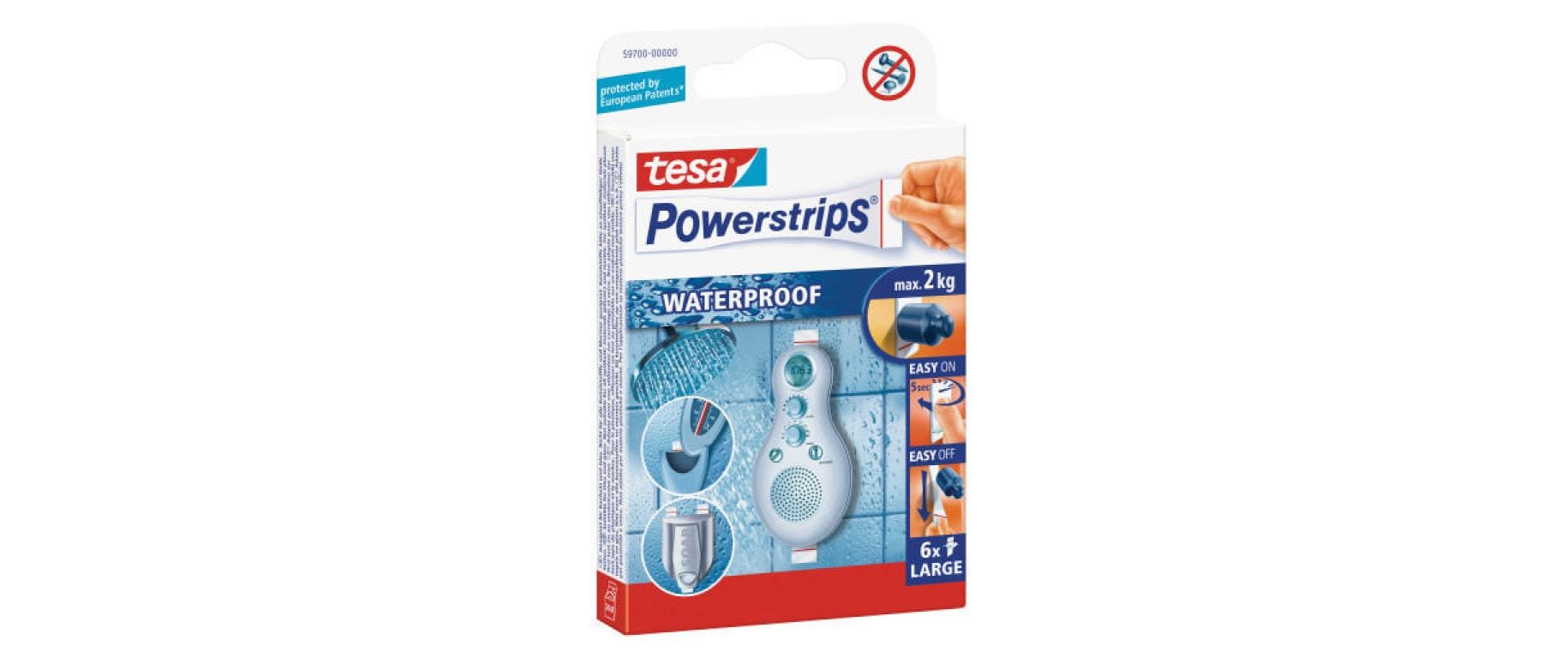 TESA Powerstrips Waterproof wiederablösbare Haftpunkte – 6 Stk., weiss, für Fliesen, Glas
